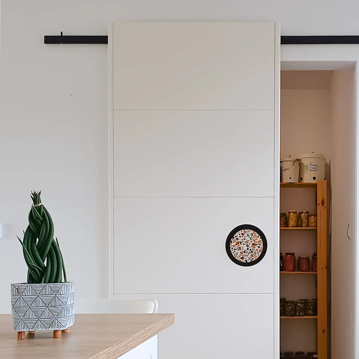 minimalist white sliding pantry door