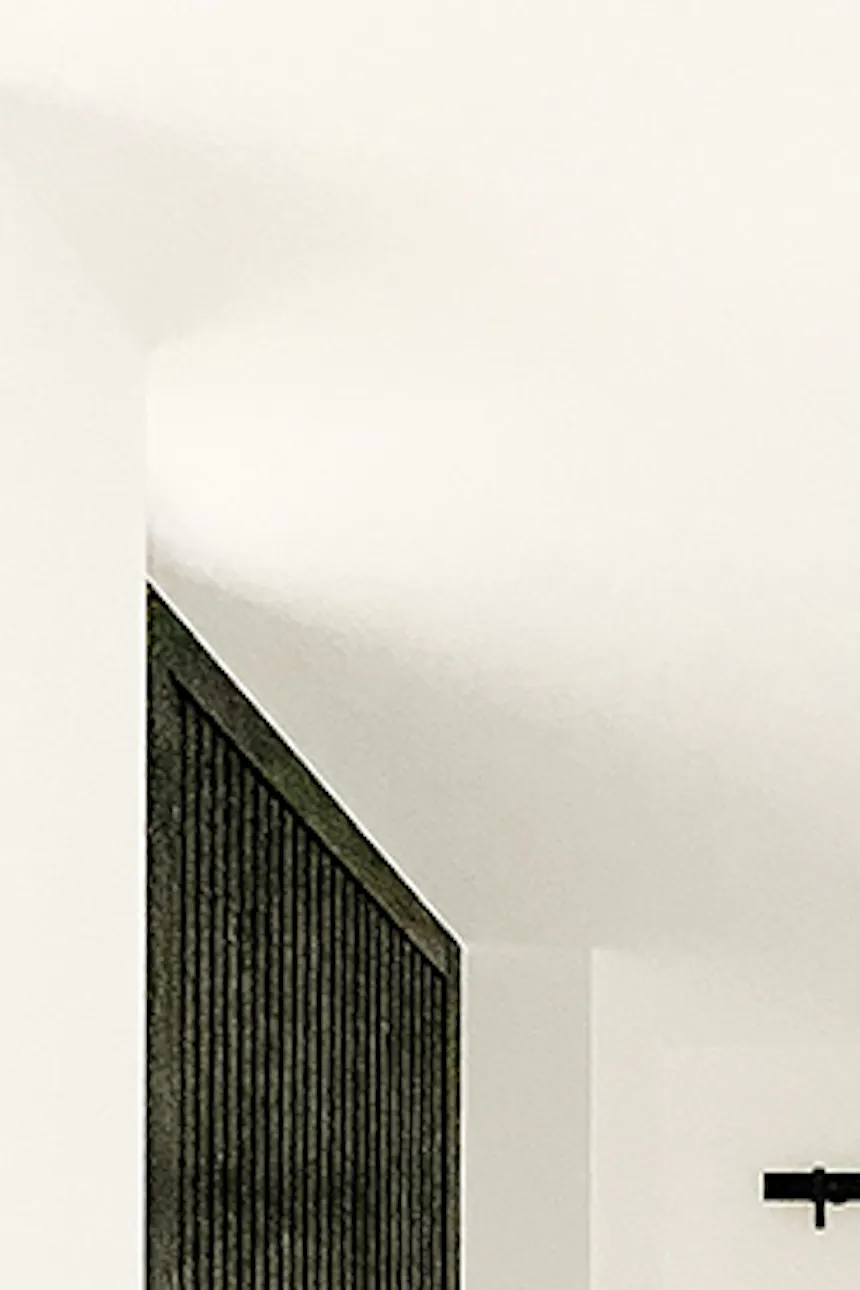 Mirror door in entryway, large mirror in foyer, sliding mirror in wooden frame, black and white entryway, black and white minimalist room, microcement floor