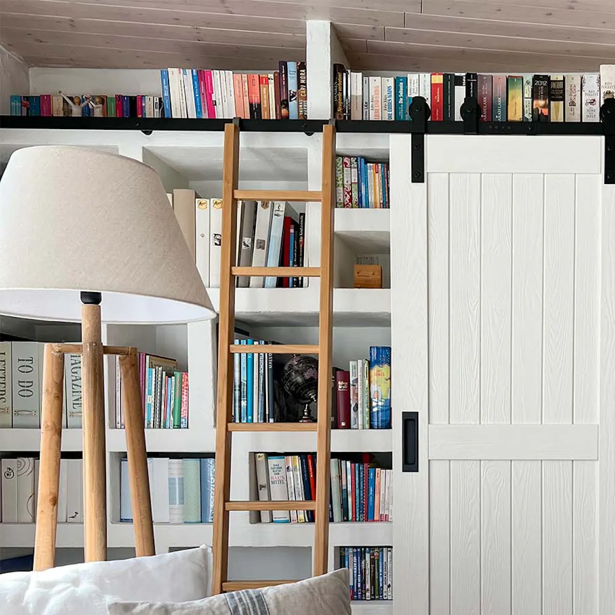 doubles portes blanches et échelle sur le mur avec des livres dans la bibliothèque de la maison du salon