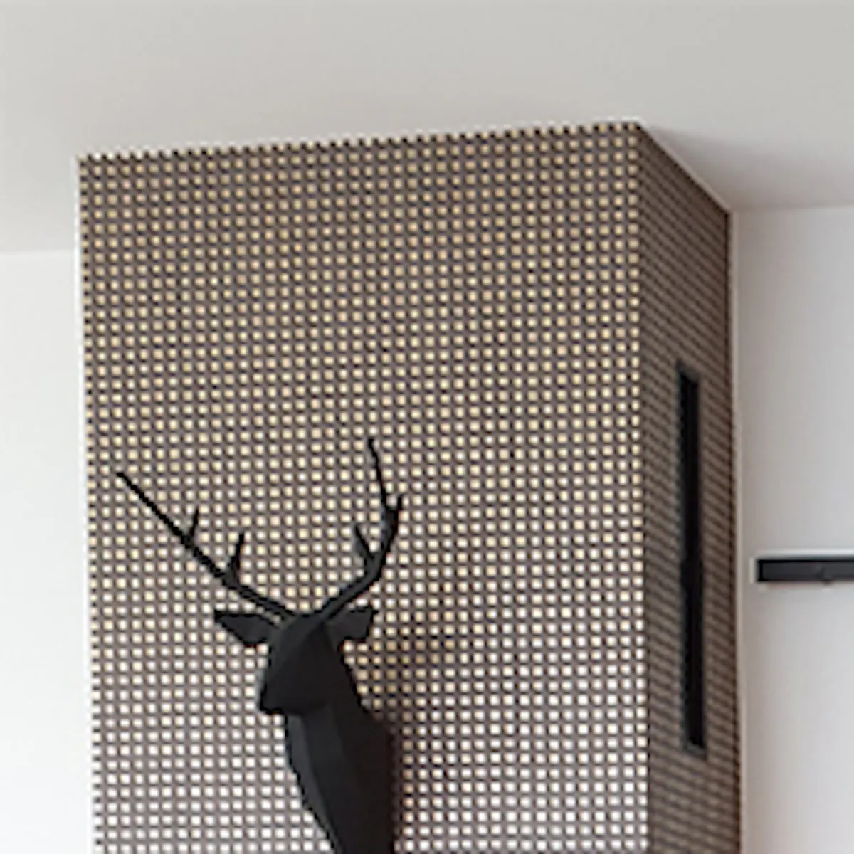 Wood and black, entrance to living room with sliding doors, wooden dresser