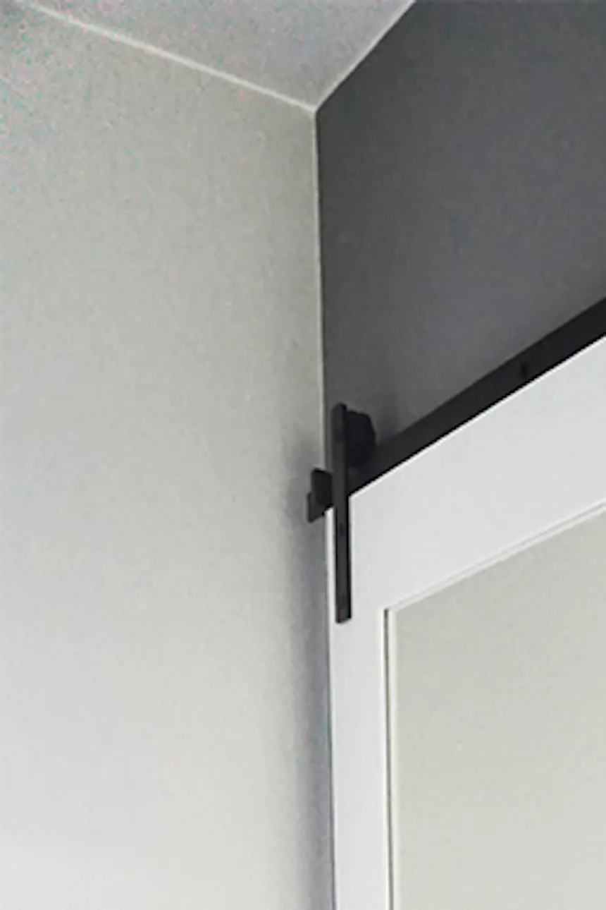White doors, mirrored door, white mirrored sliding door, large mirrored door, wood mirrored door, hallway sliding door, black track system for white and gray interior