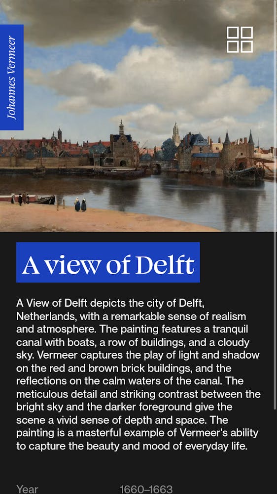 Screenshot of the page that showcases the painting "A view of Delft" on mobile