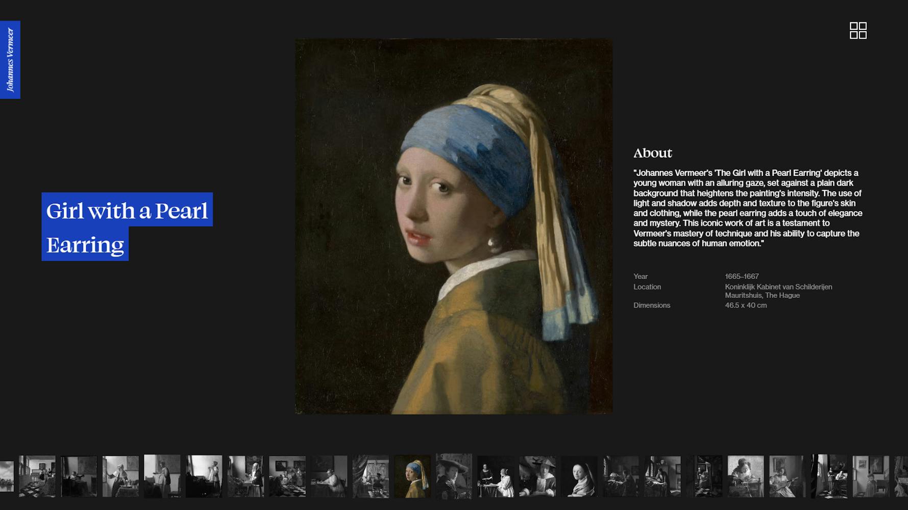 Screenshot of the page that showcases the painting "The girl with a pearl earring"