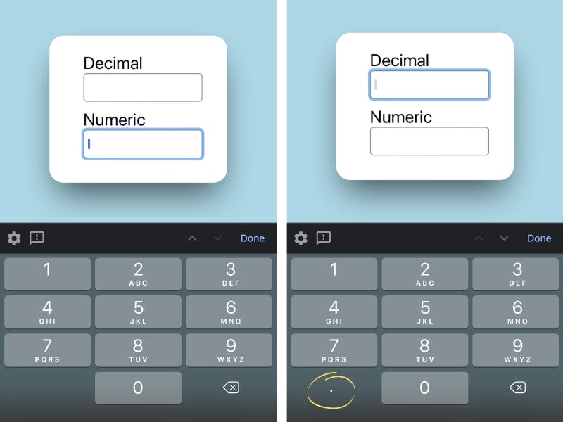 Two screenshots from an iPhone with virtual keyboard expanded. The first screenshot has a numeric input focused and shows a numeric keyboard, while the second has a decimal input focused and shows a numeric keyboard with the addition of a decimal key.