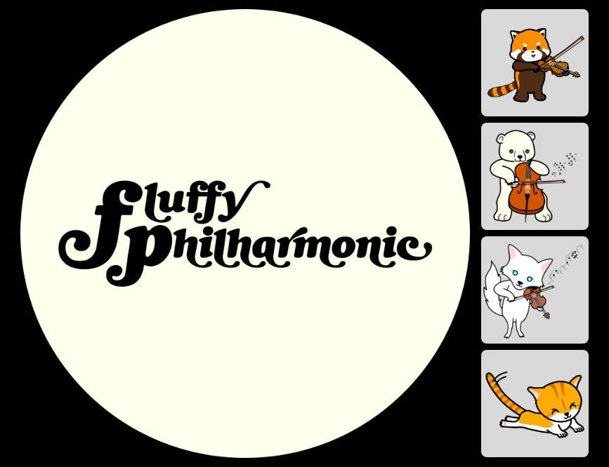 A preview of the image gallery where a large area on the left is displaying a title slide for 'fluffy Philharmonic' and on the right is a vertical stack of four images of cute illustrated animals playing string instruments.