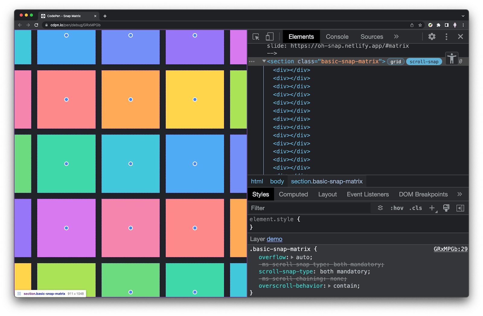 Chrome devtools is opened to the left of the 'Snap Matrix' CodePen and the 'scroll-snap' badge has been clicked, revealing the overlay described next.