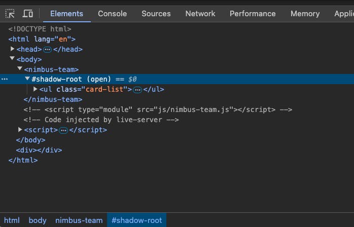 Shows the declaratively created shadow-root with the nested card list.