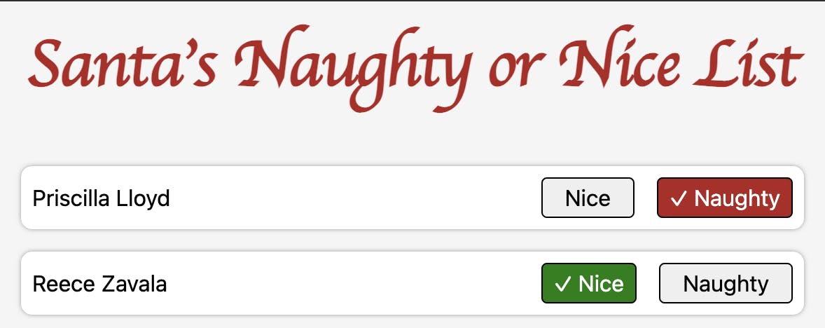 Preview of the Santa's List app showing the first two names where Priscilla Lloyd is marked "Naughty" and Reece Zavala is marked "Nice"