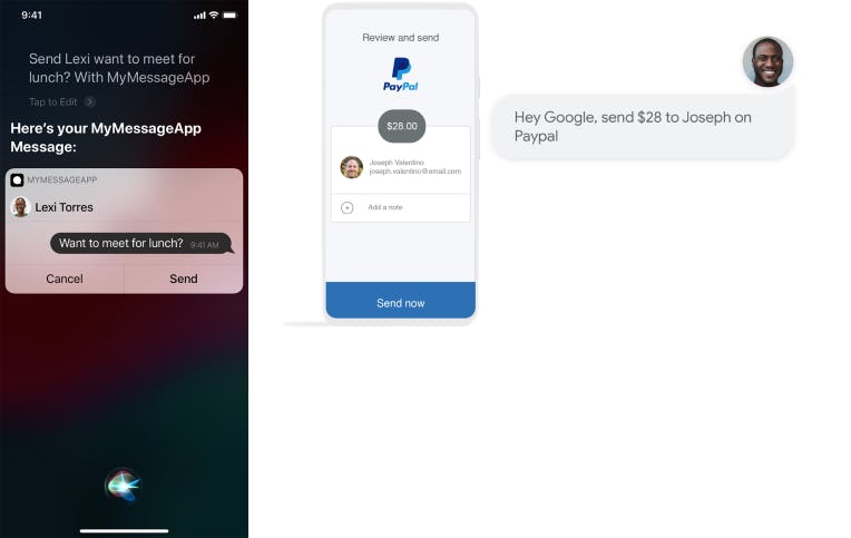 Screenshots of iOS and Android voice commands