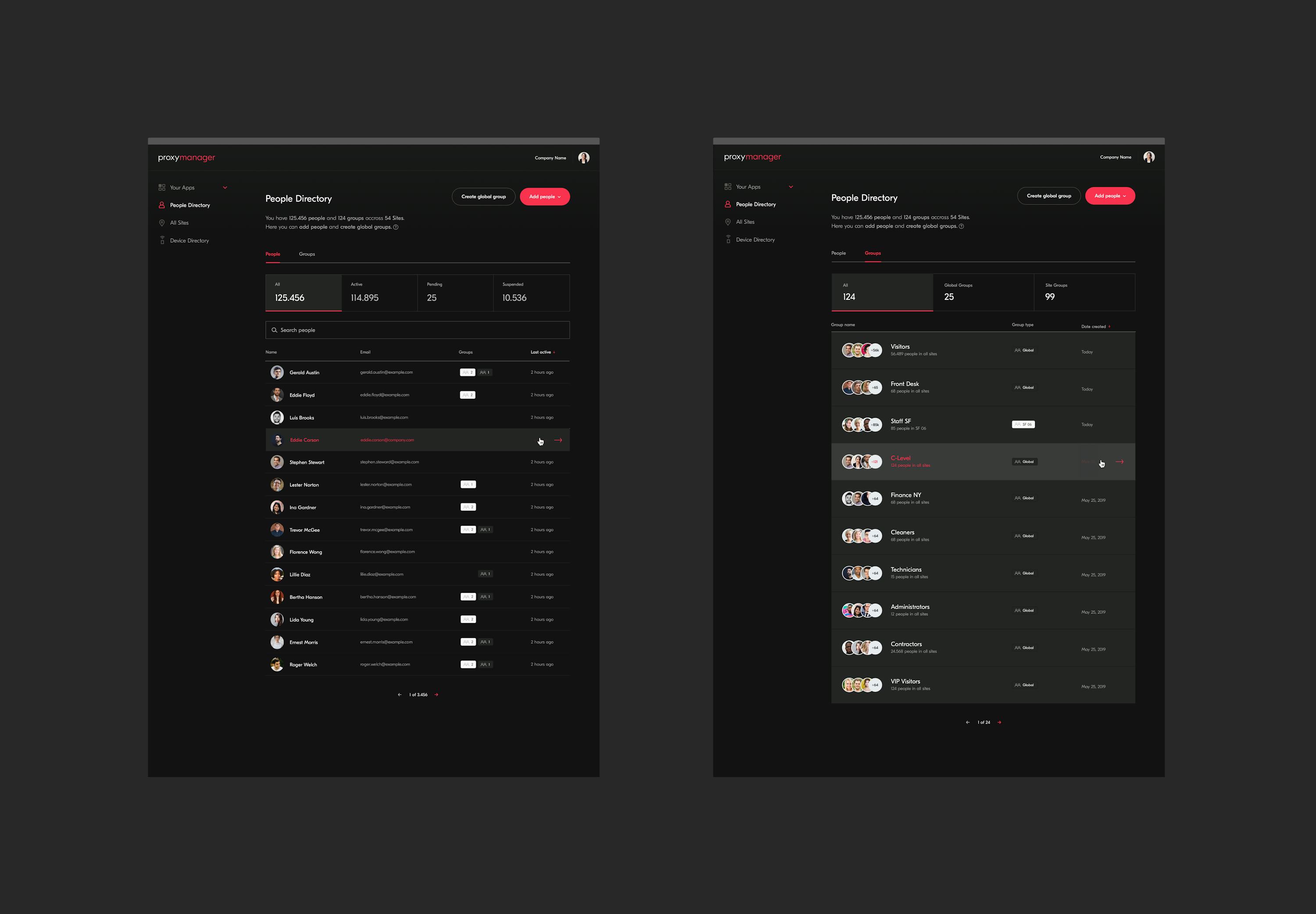 2 screenshots of People Directory inside the Proxy Manage App