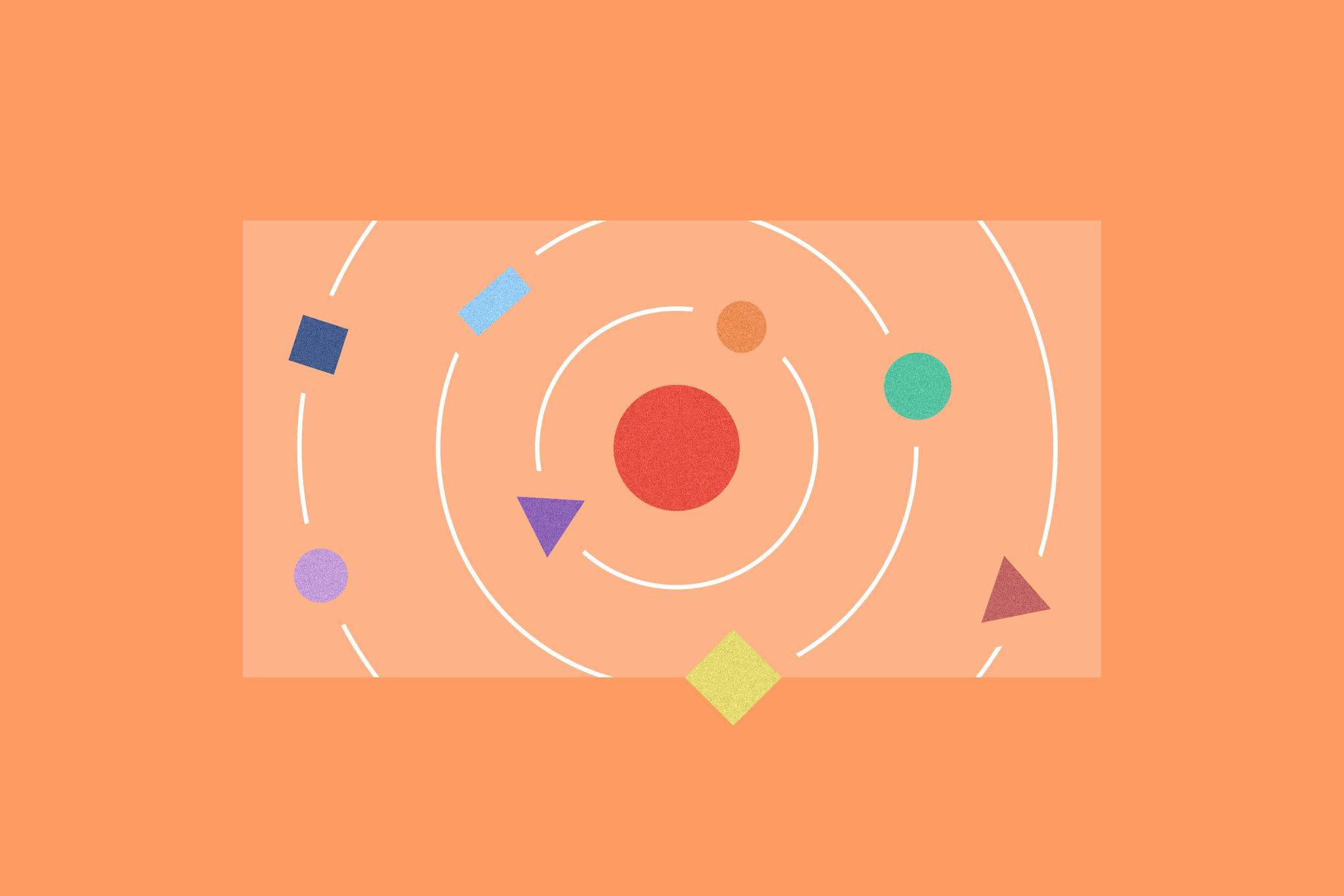 Cover image with colorful shapes in a circular solar-like system