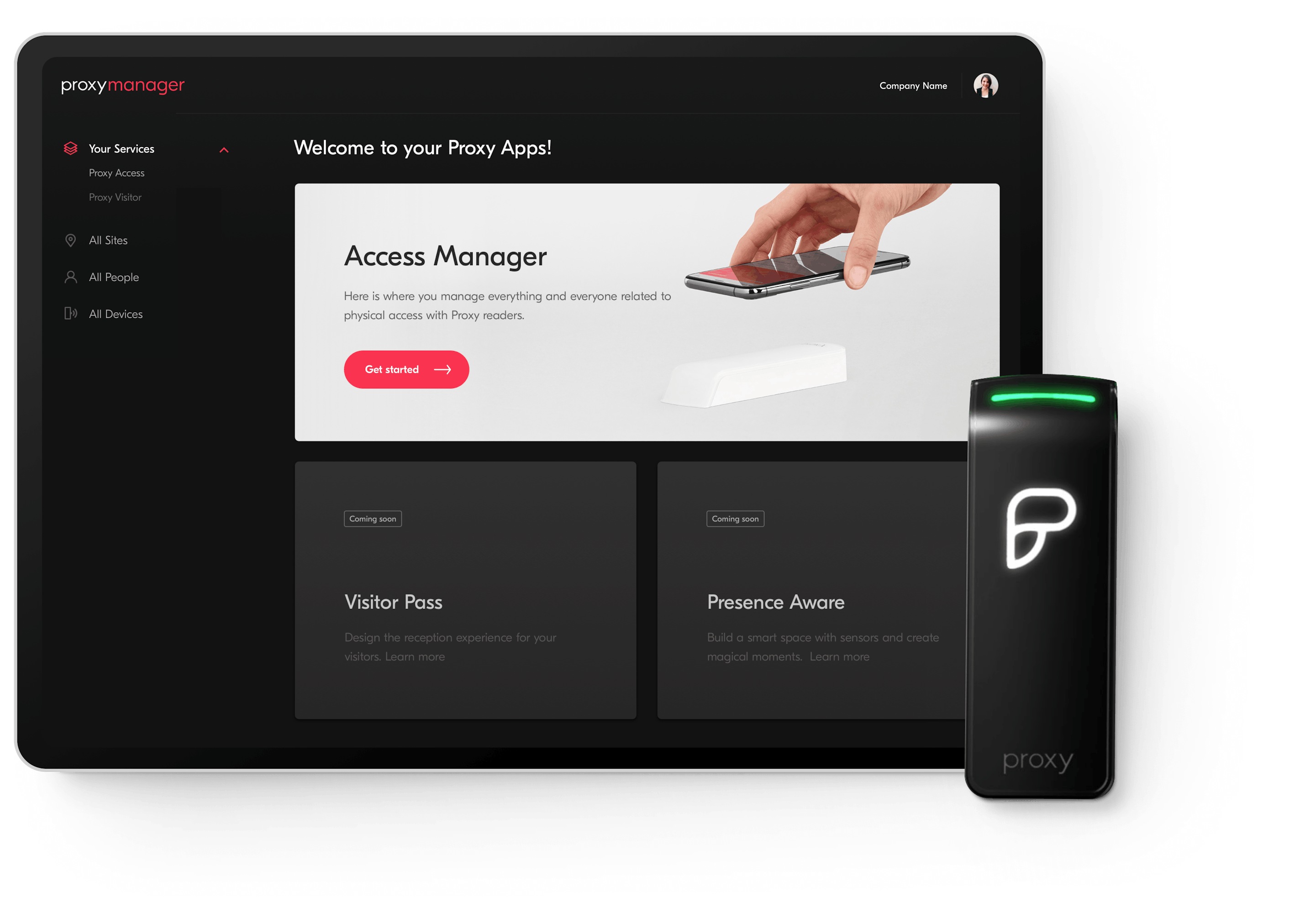 Image of Proxy dashboard on an iPad alongside a Proxy reader