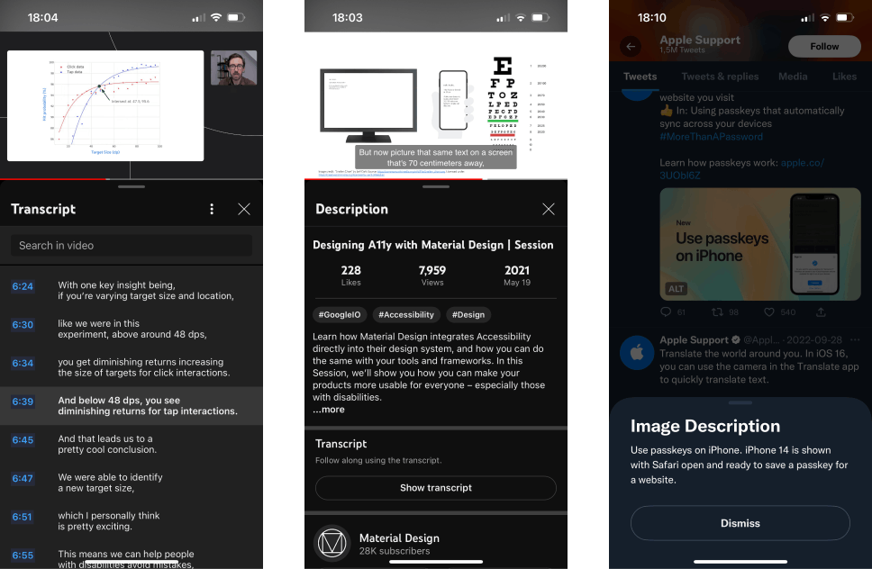 Screenshots of Twitter mobile app and YouTube mobile app accessibility features