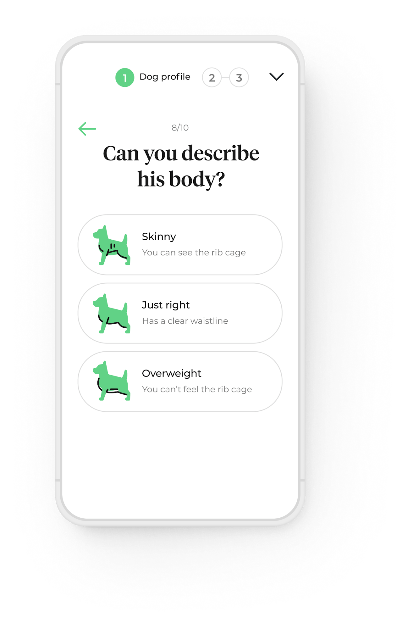 Filling dog profile on a smartphone: body type