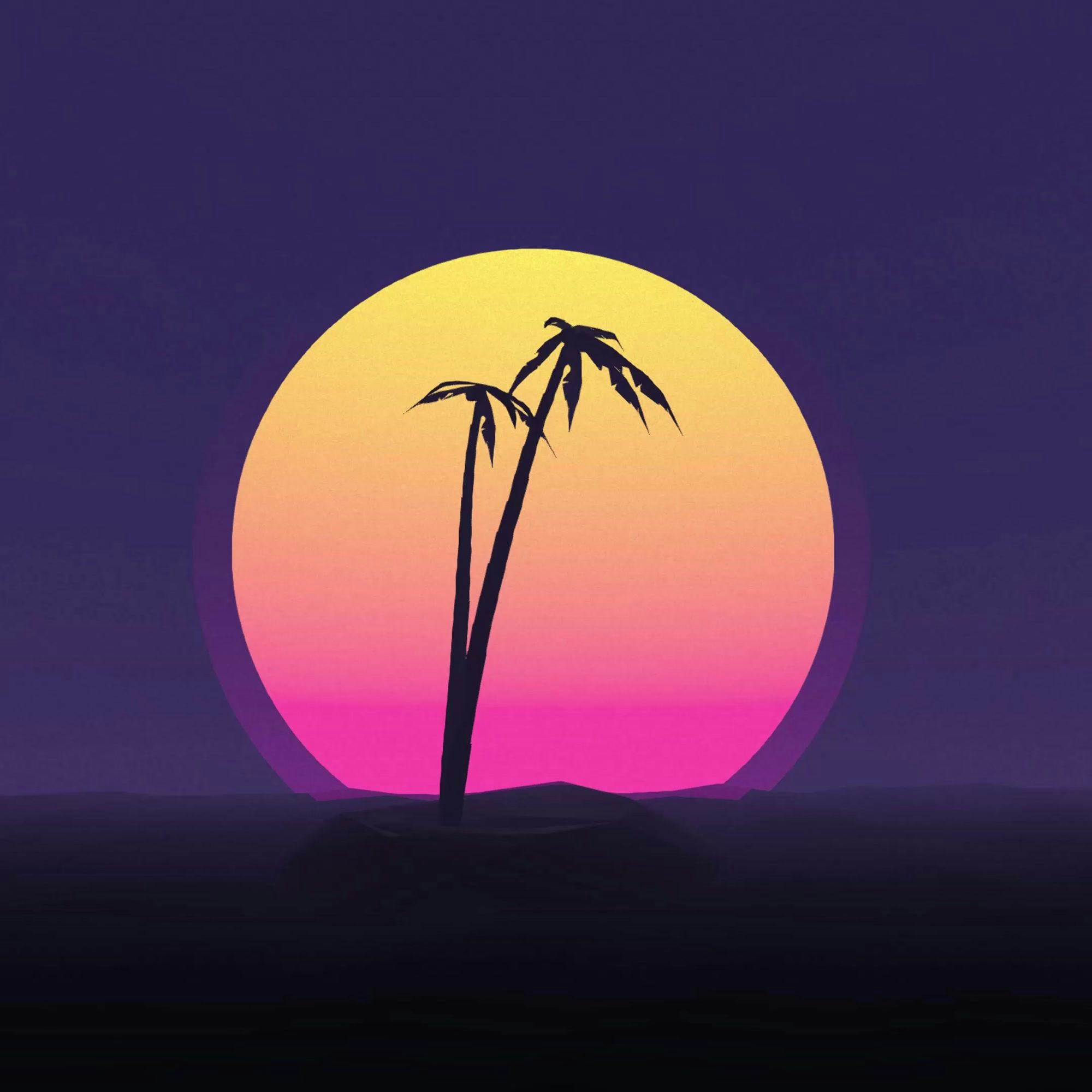 Silhouette of 2 palm trees with a big orange sun on the background