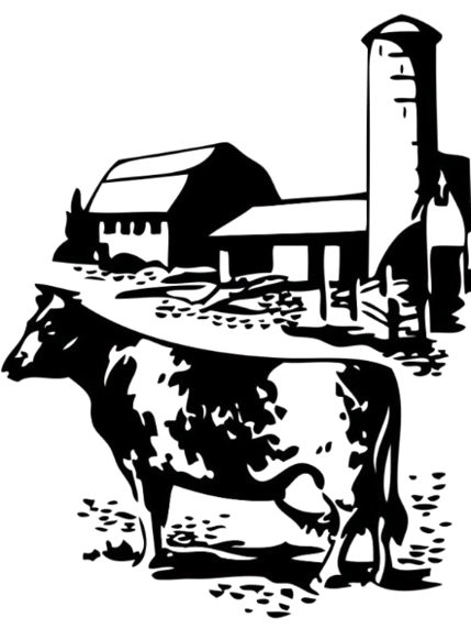 Black and white clipart of a cow standing in front of a barn