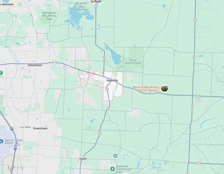 A google map screenshot with Hartville, Ohio in the center