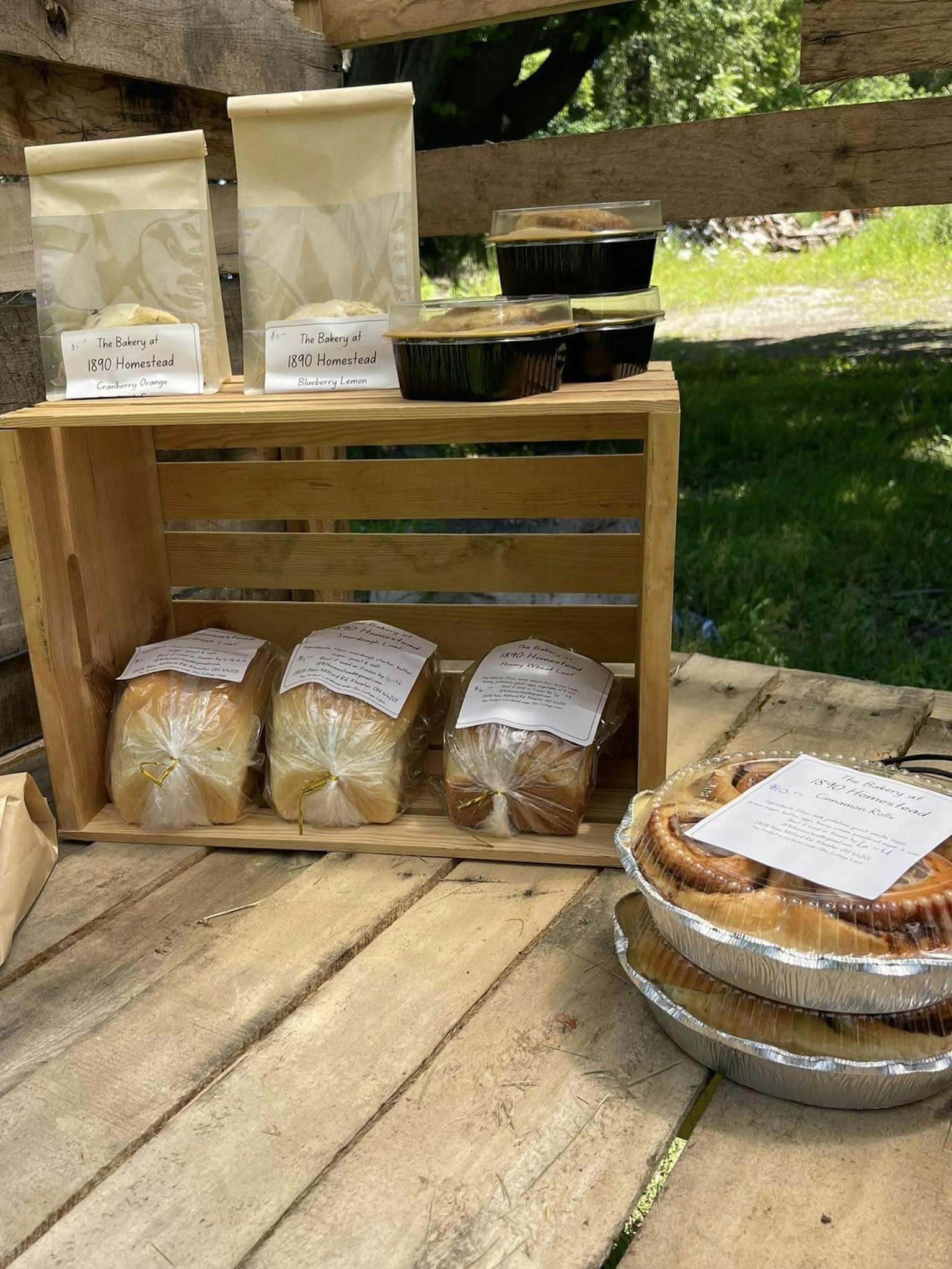 A picture of the products 1890 Homestead produces - Cinnamon Rolls, Bread, Scones & more!