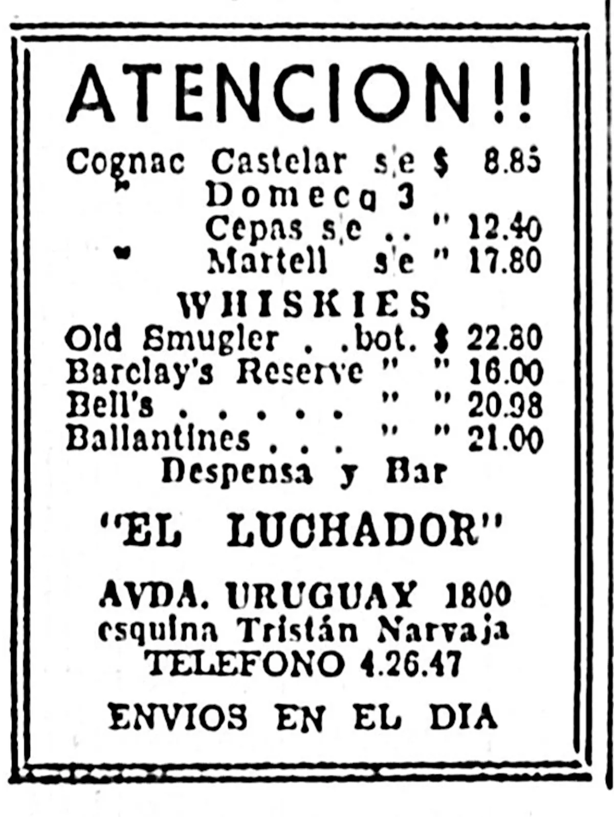 Publicidad del bar familiar "El Luchador" donde Miguel tuvo su primer empleo