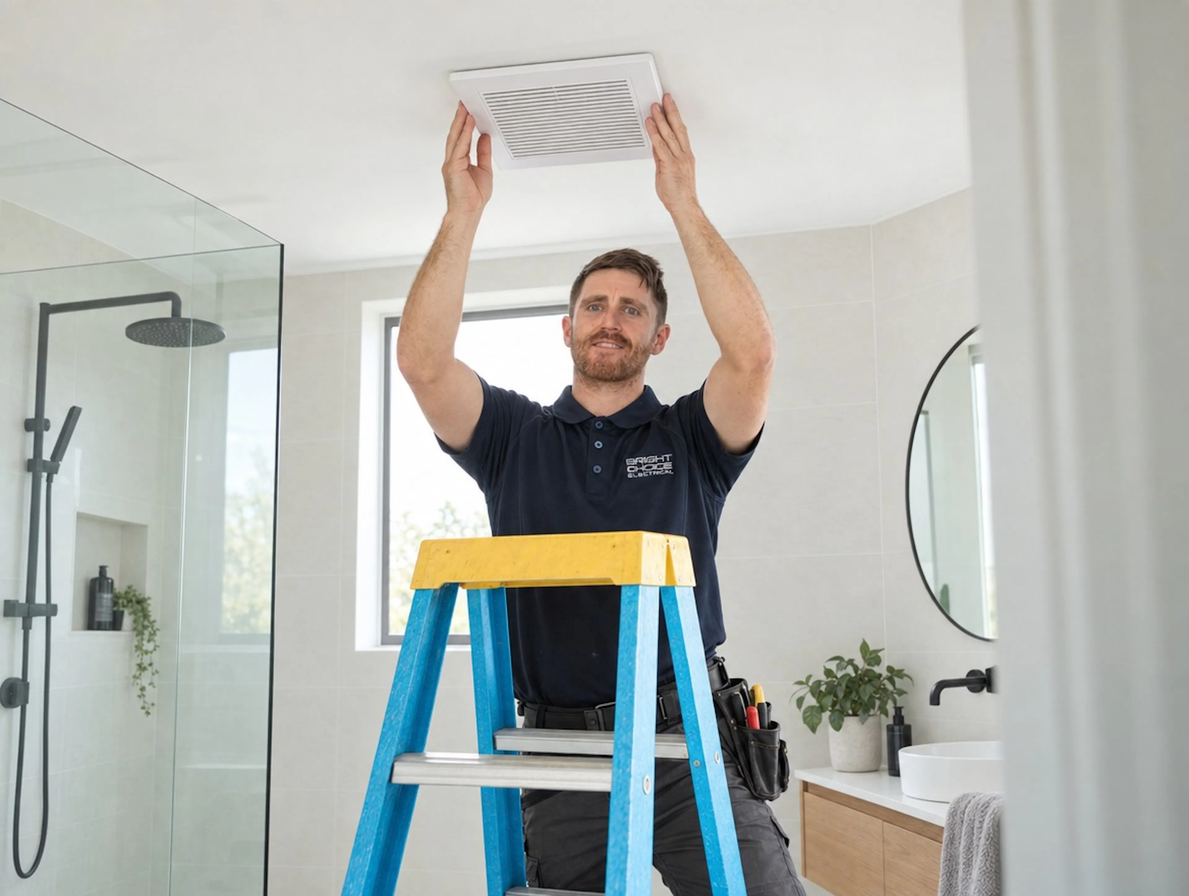 Newly installed bathroom exhaust fan in a tiled bathroom with a clean ceiling grille and light on.