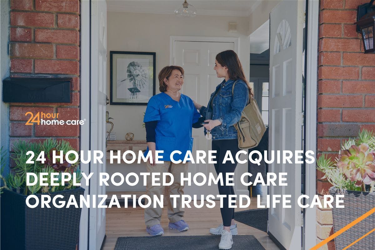 A caregiver and client speak at the front door.