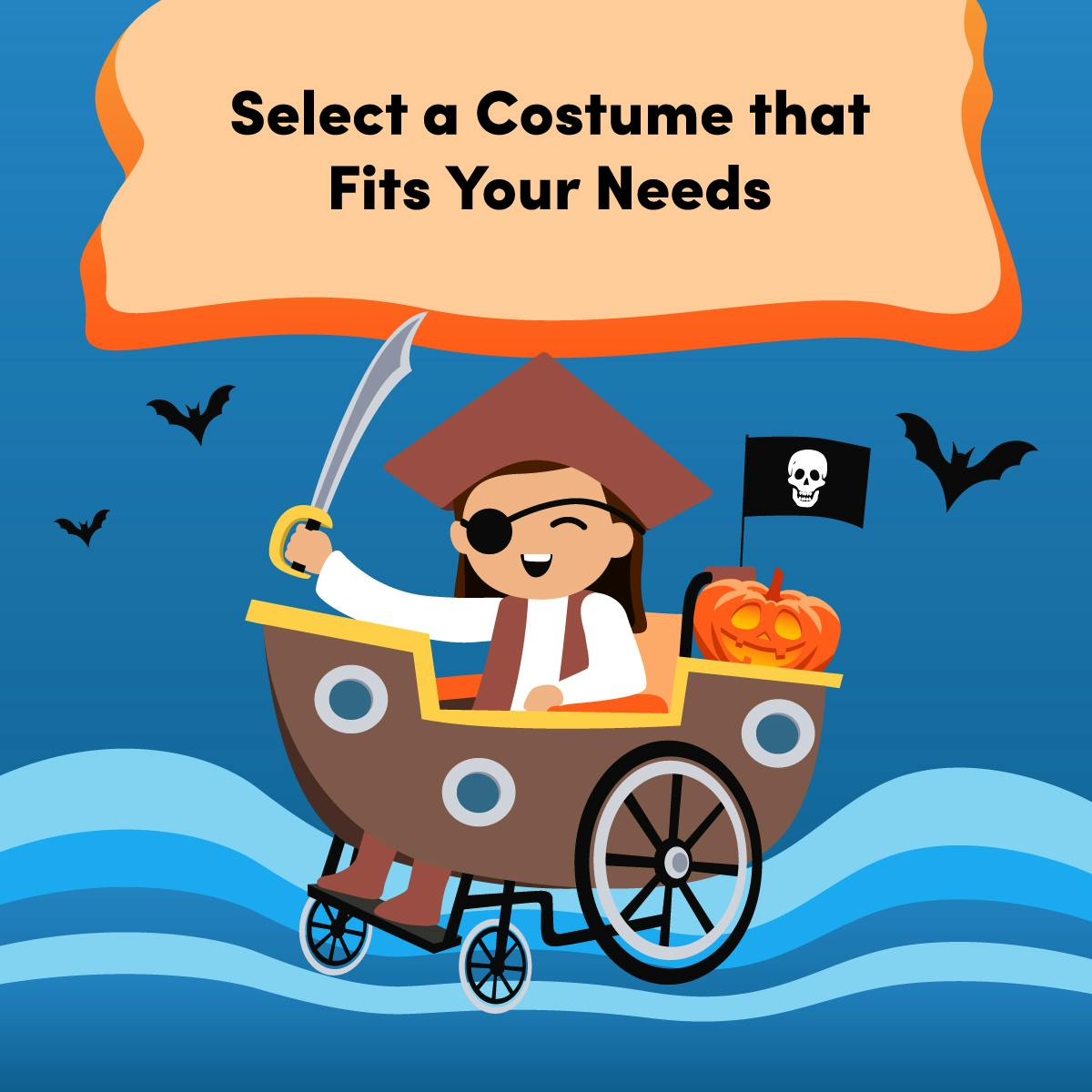 An illustrated graphic of a child in a wheelchair in an adaptable pirate costume.