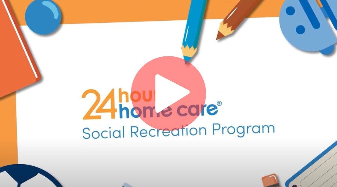 A title card for 24 Hour Home Cares animated video about Social Recreation Coaching.