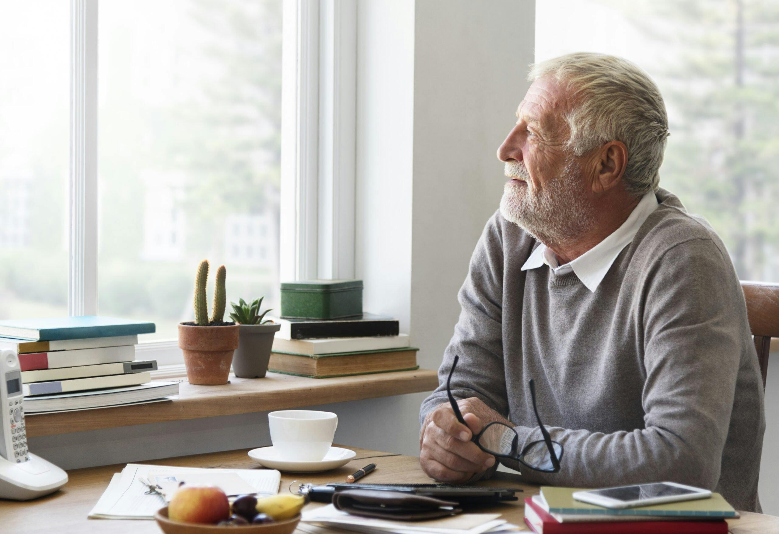 Senior,Adult,Looking,Outside,Window,Relax,Concept