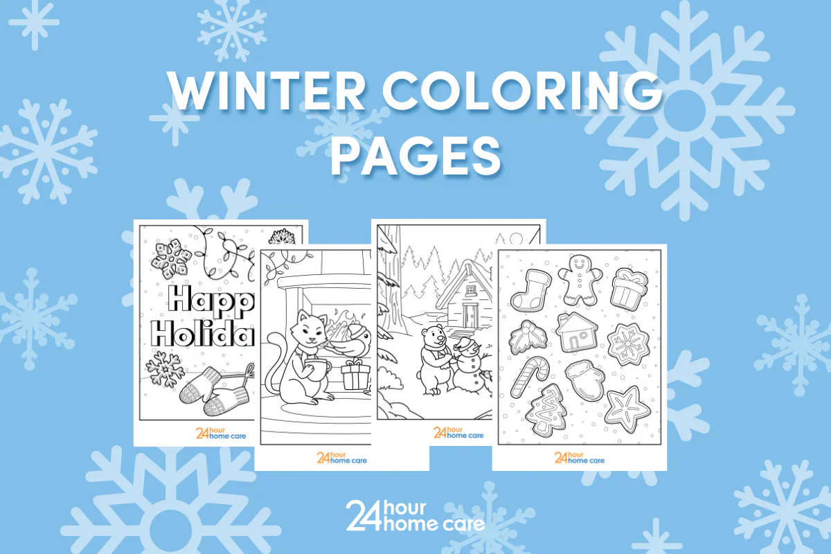 Winter background with images of our December-themed coloring pages.