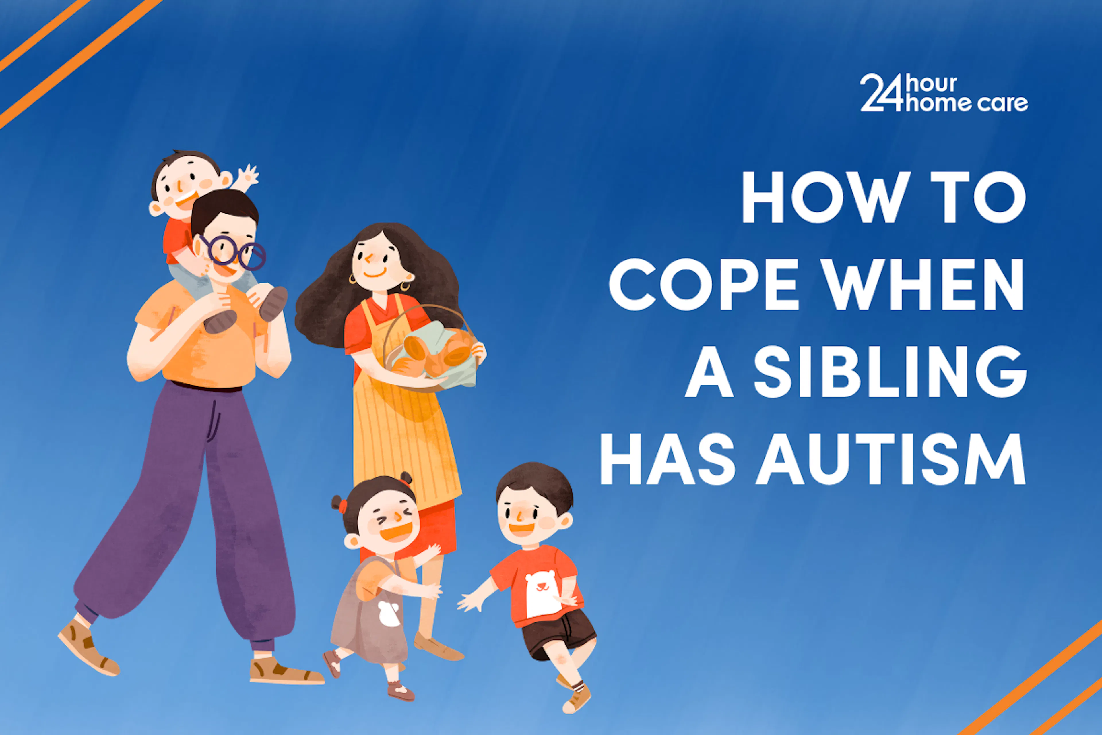 Illustration of a happy family with two parents and three siblings.