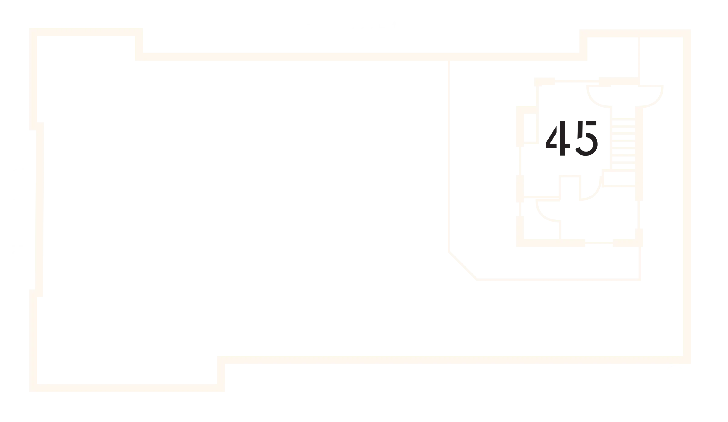 Floor plan of the fourth floor at 29 Navy: one full-floor penthouse loft, numbered 45, wrapping the stair and elevator core at the east end.