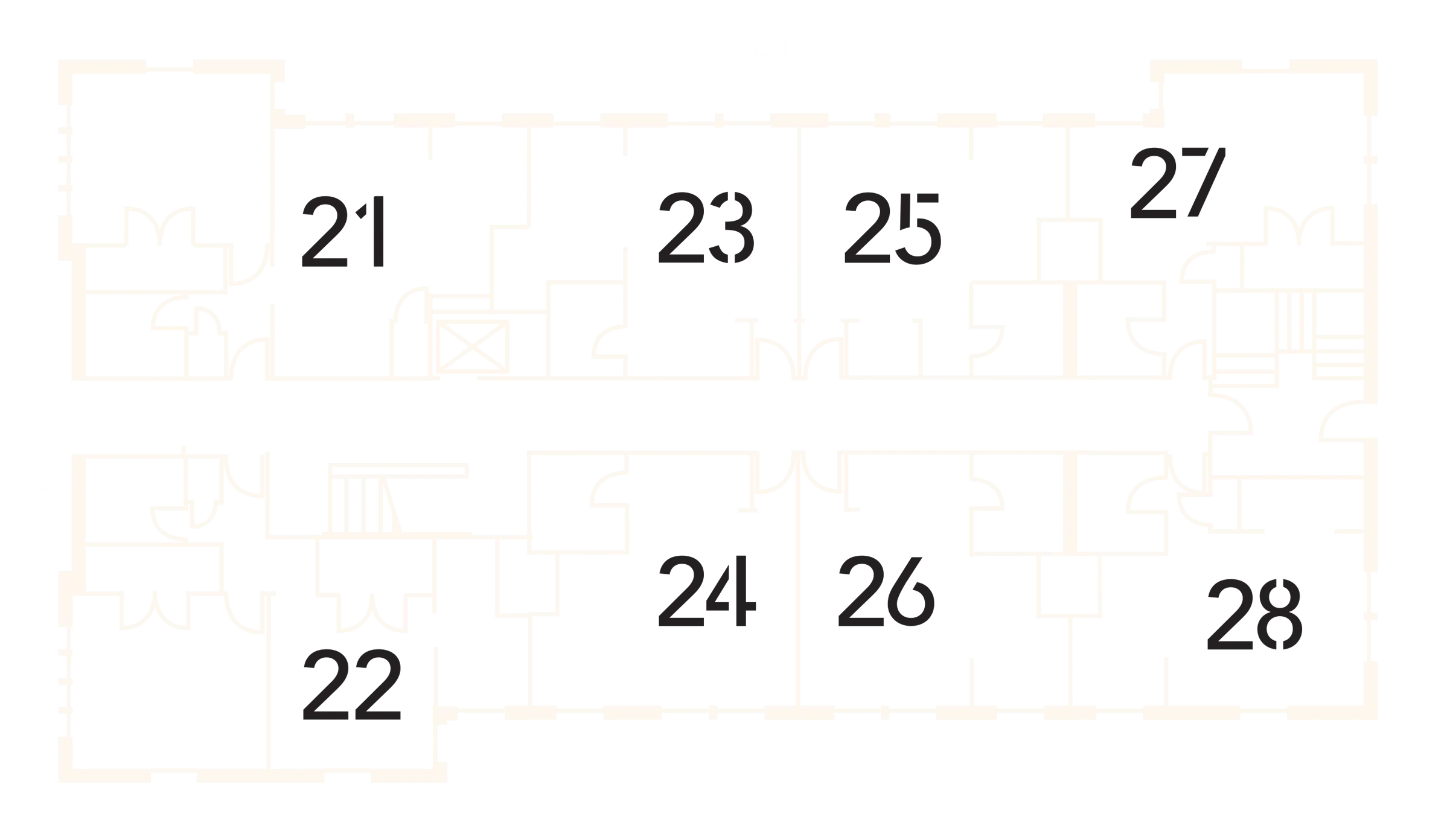 Floor plan of the second floor at 29 Navy: eight lofts numbered 21 to 28, in two facing rows off a central corridor.