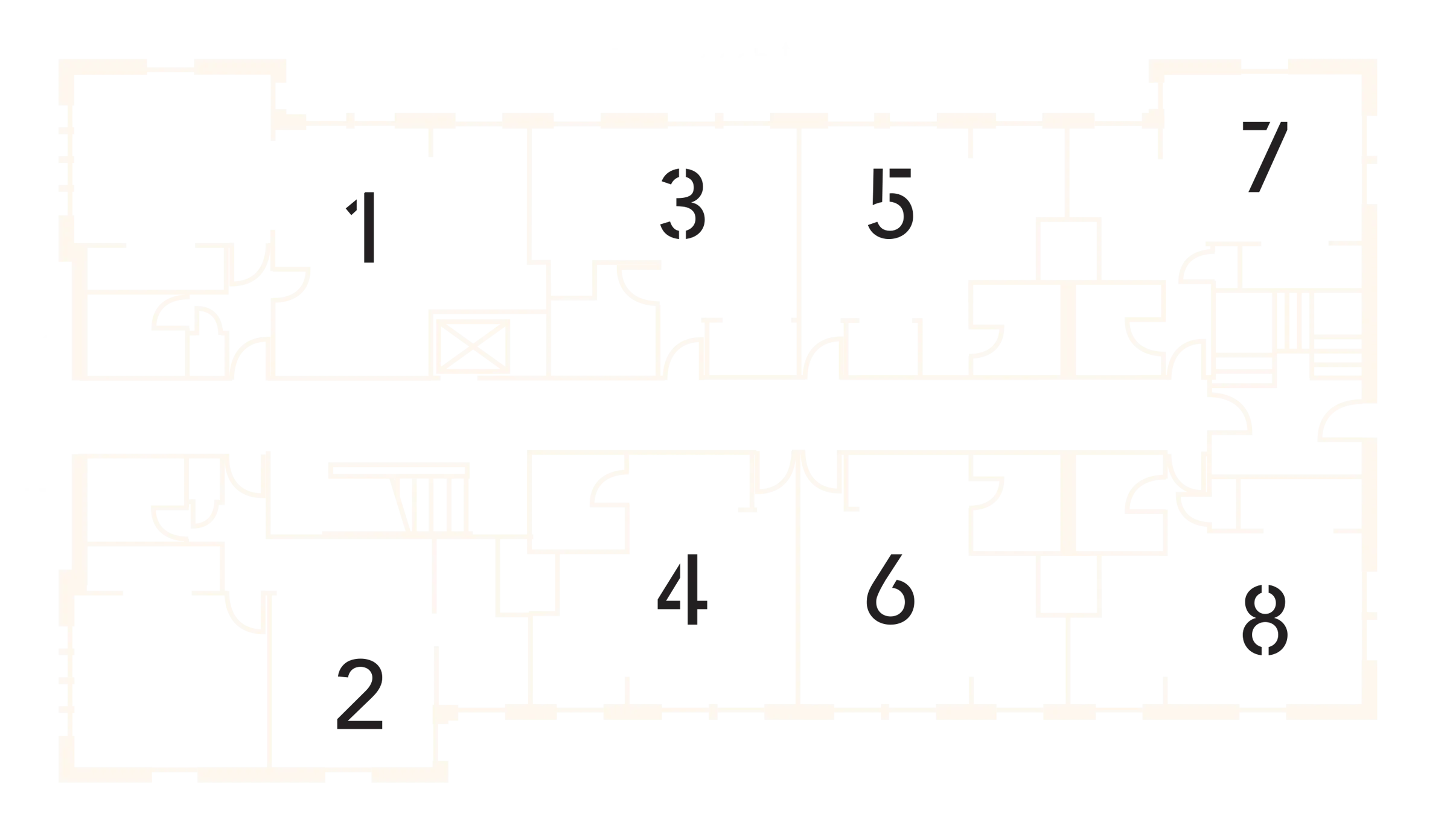 Floor plan of the first floor at 29 Navy: eight lofts numbered 1 to 8, in two facing rows off a central corridor.