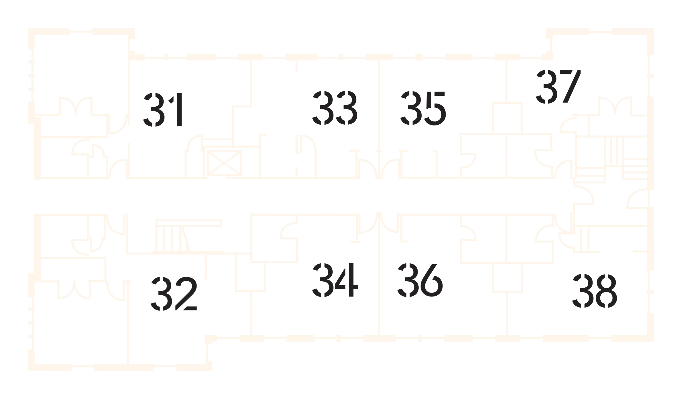 Floor plan of the third floor at 29 Navy: eight lofts numbered 31 to 38, in two facing rows off a central corridor.