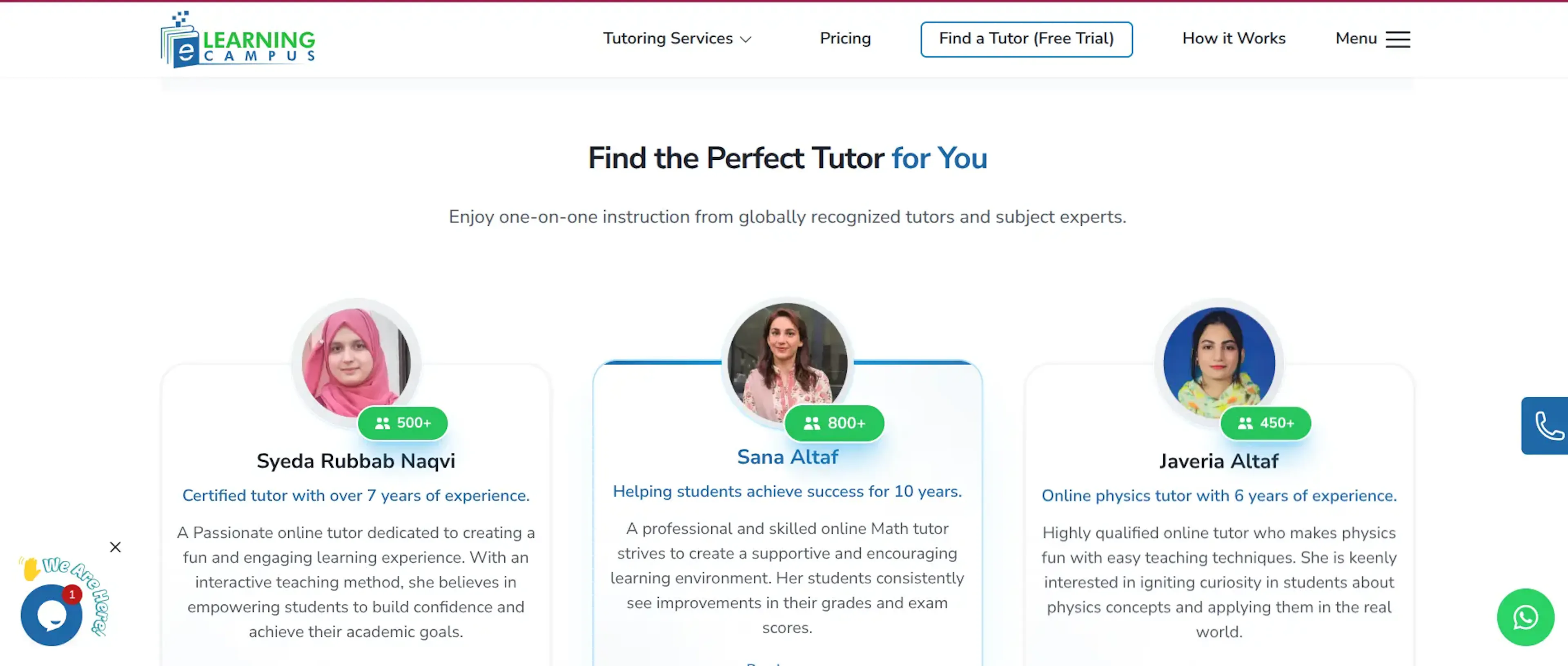 eLearning Campus tutor discovery page showing tutors, experience and subject expertise.