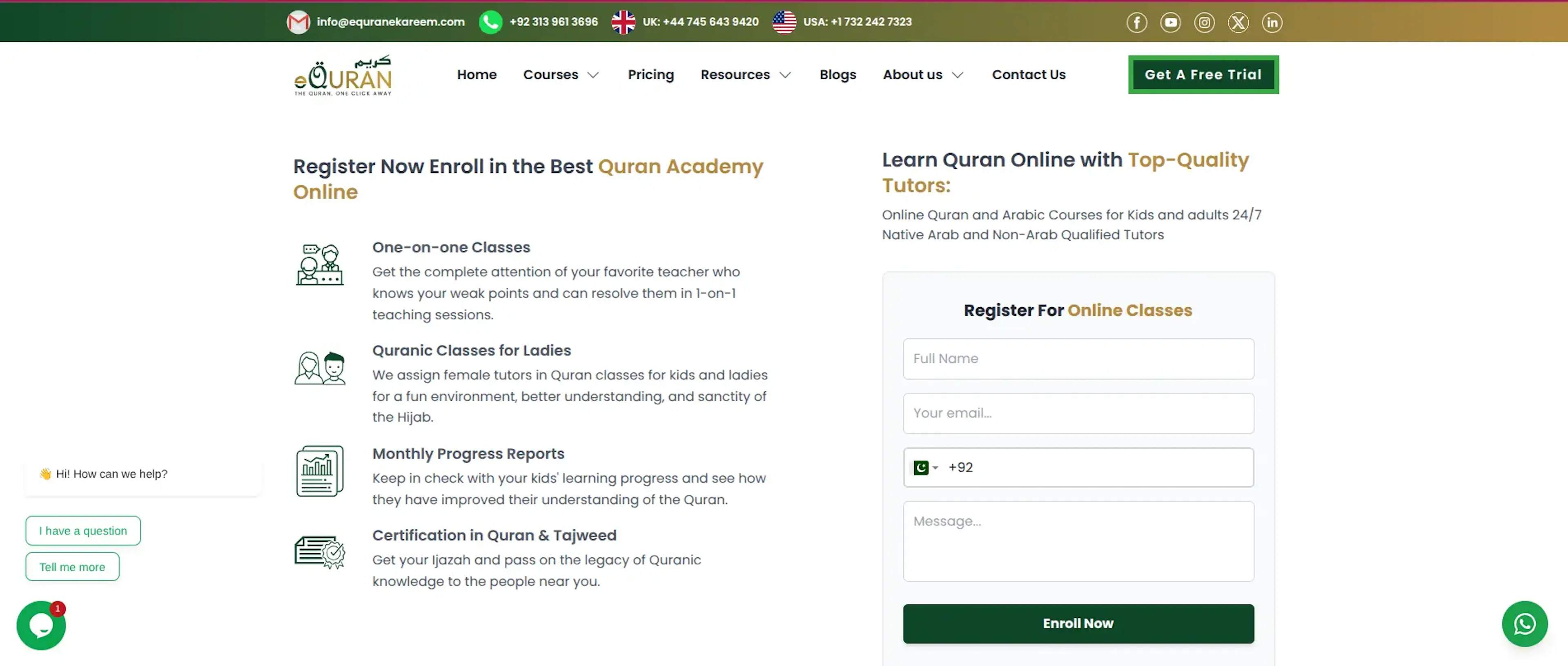 eQuraneKareem online class registration page with course benefits and enrollment form.