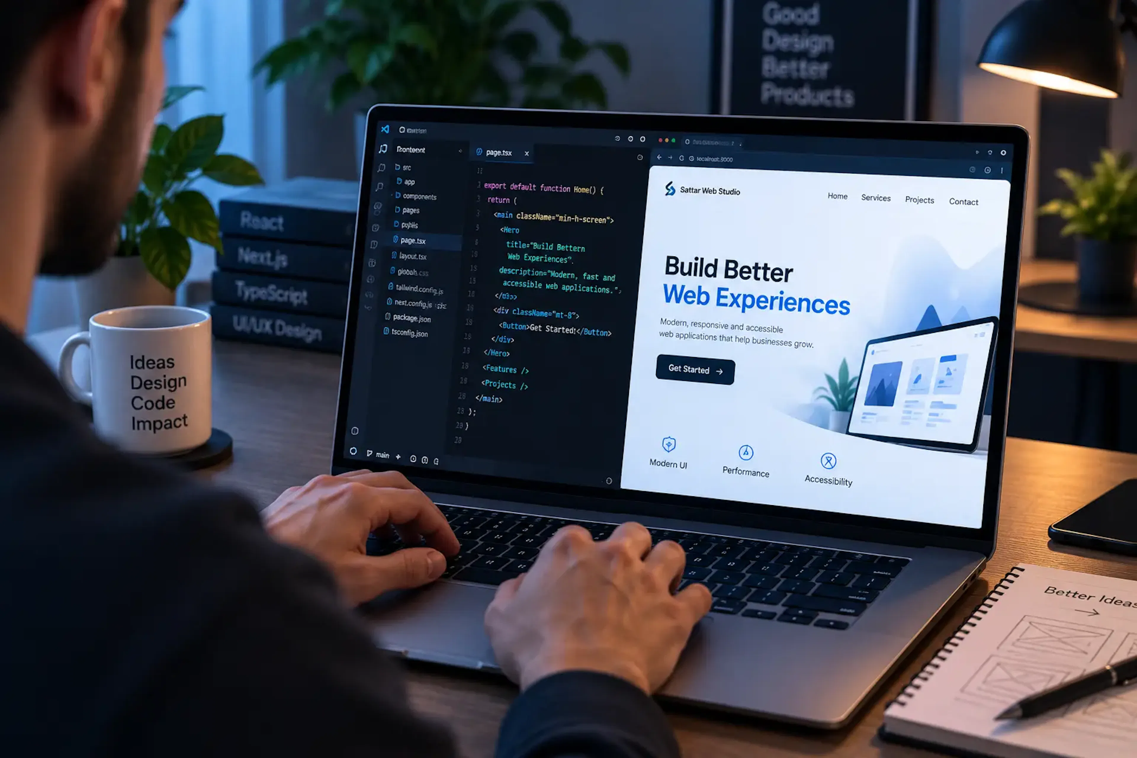 Frontend development services using React, Next.js and TypeScript with code and a modern web application displayed on a laptop.
