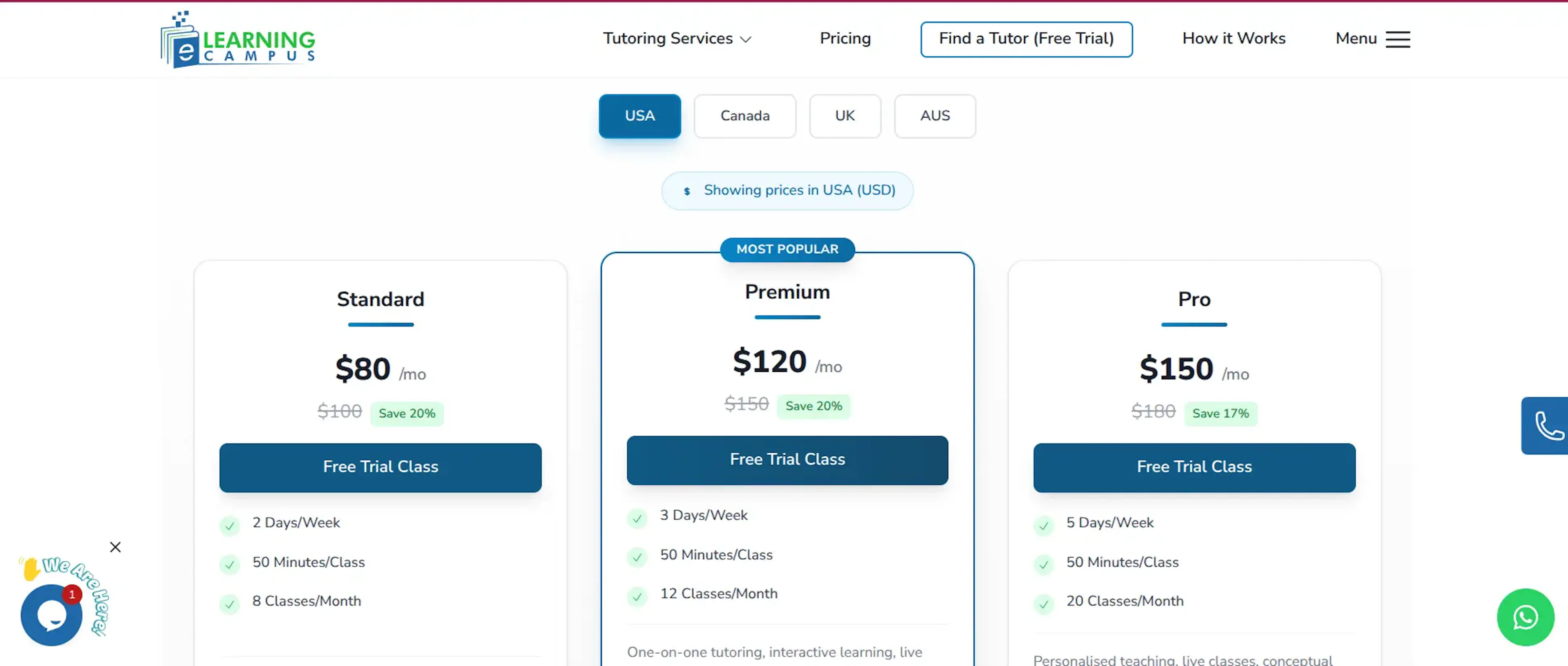 eLearning Campus pricing page with tutoring plans and region-based pricing options.