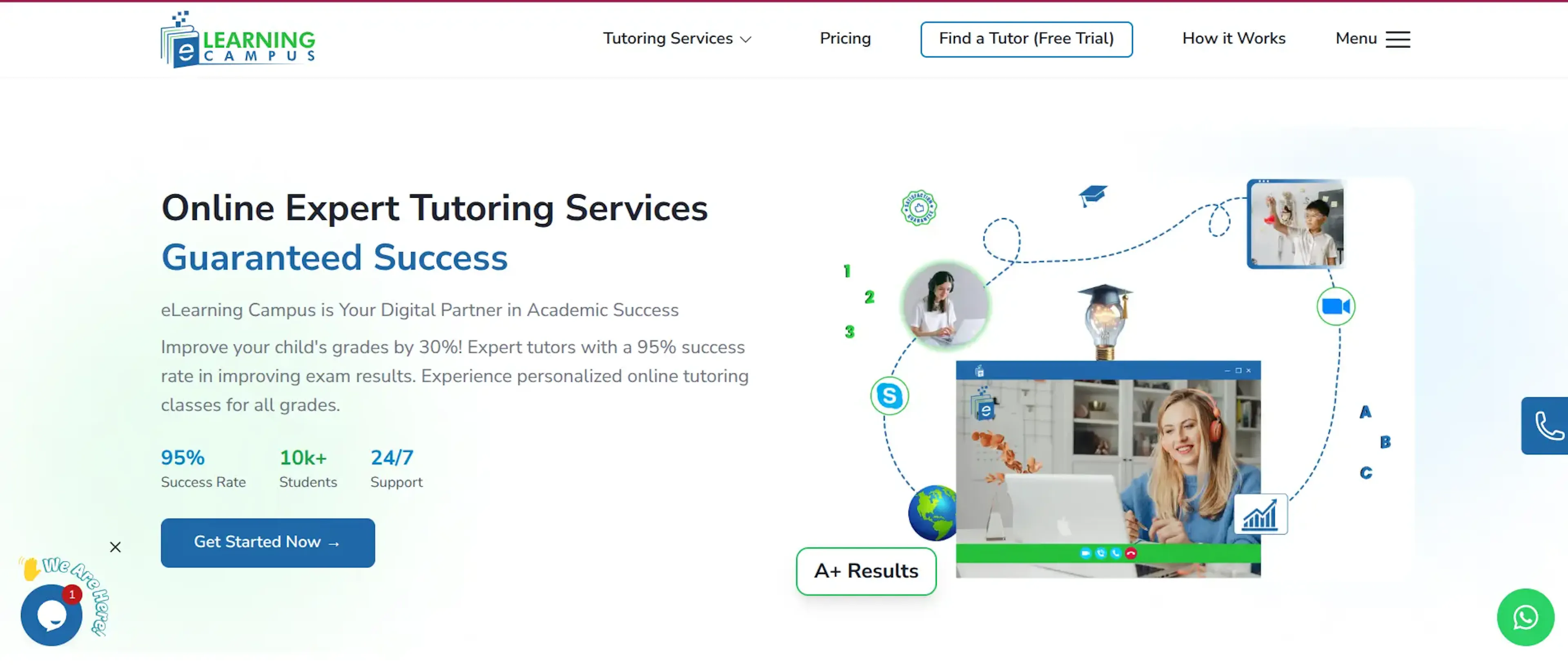 eLearning Campus homepage presenting personalized online tutoring services and academic support.