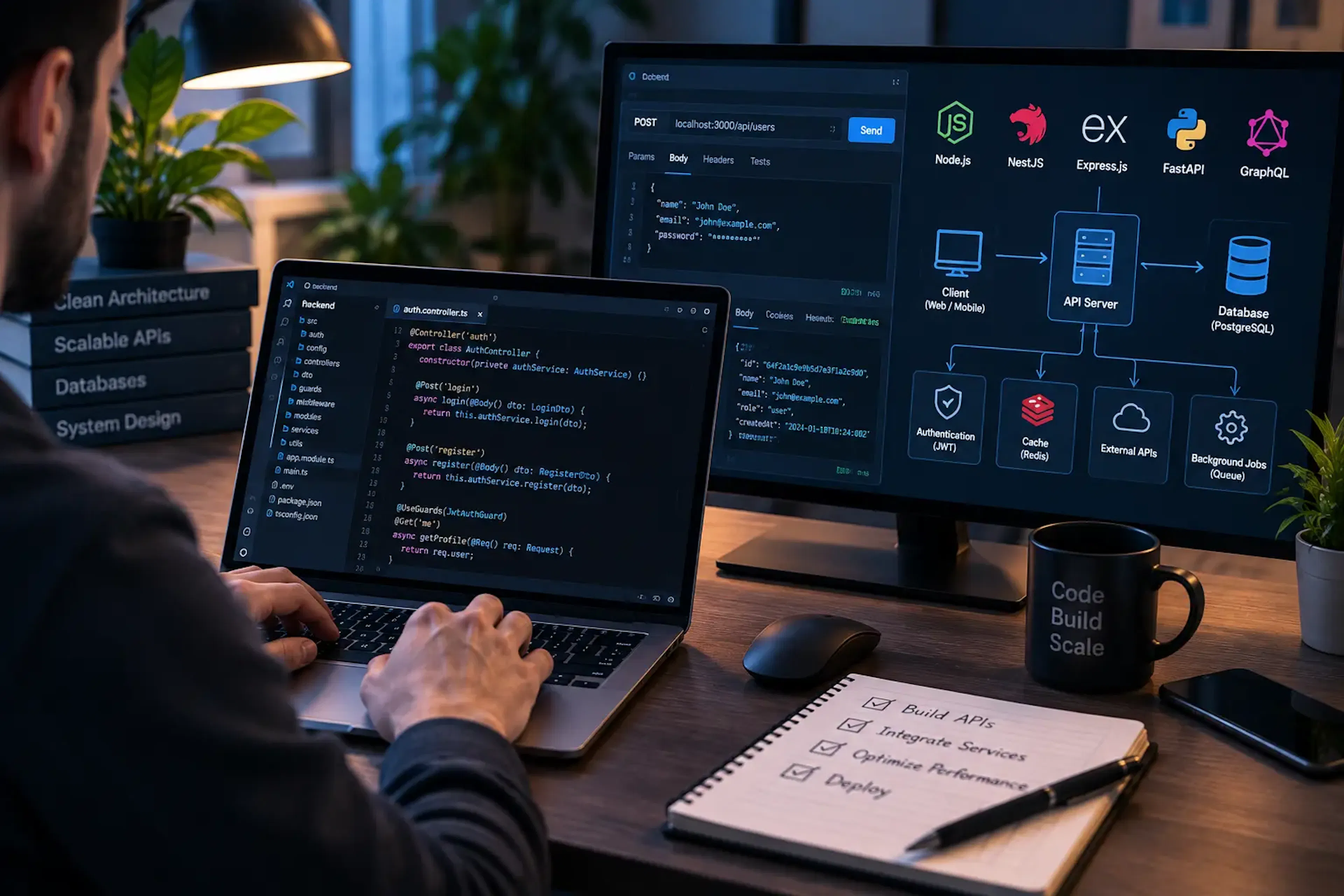 Backend development services using Node.js, NestJS, Express.js and FastAPI with REST API, GraphQL, PostgreSQL and Redis architecture.