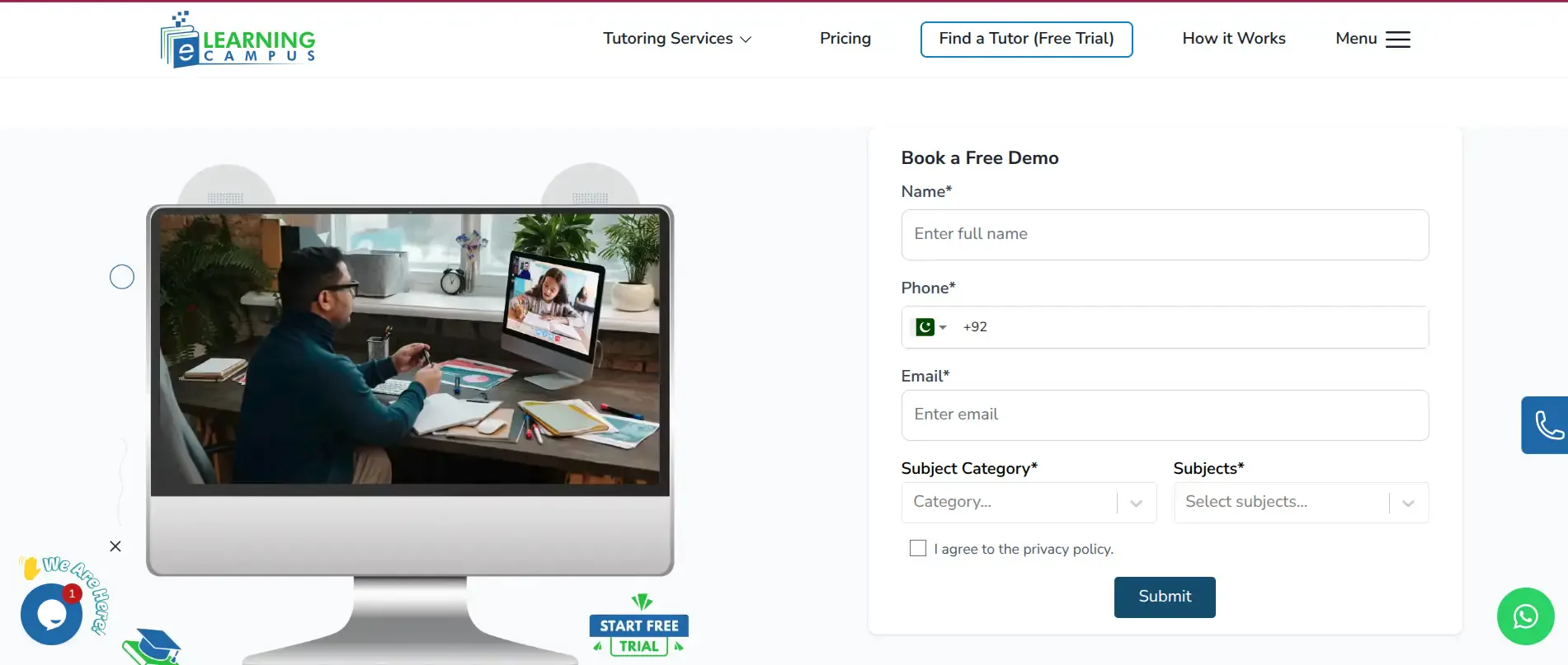 eLearning Campus free trial form for selecting subjects and requesting an online tutoring demo.