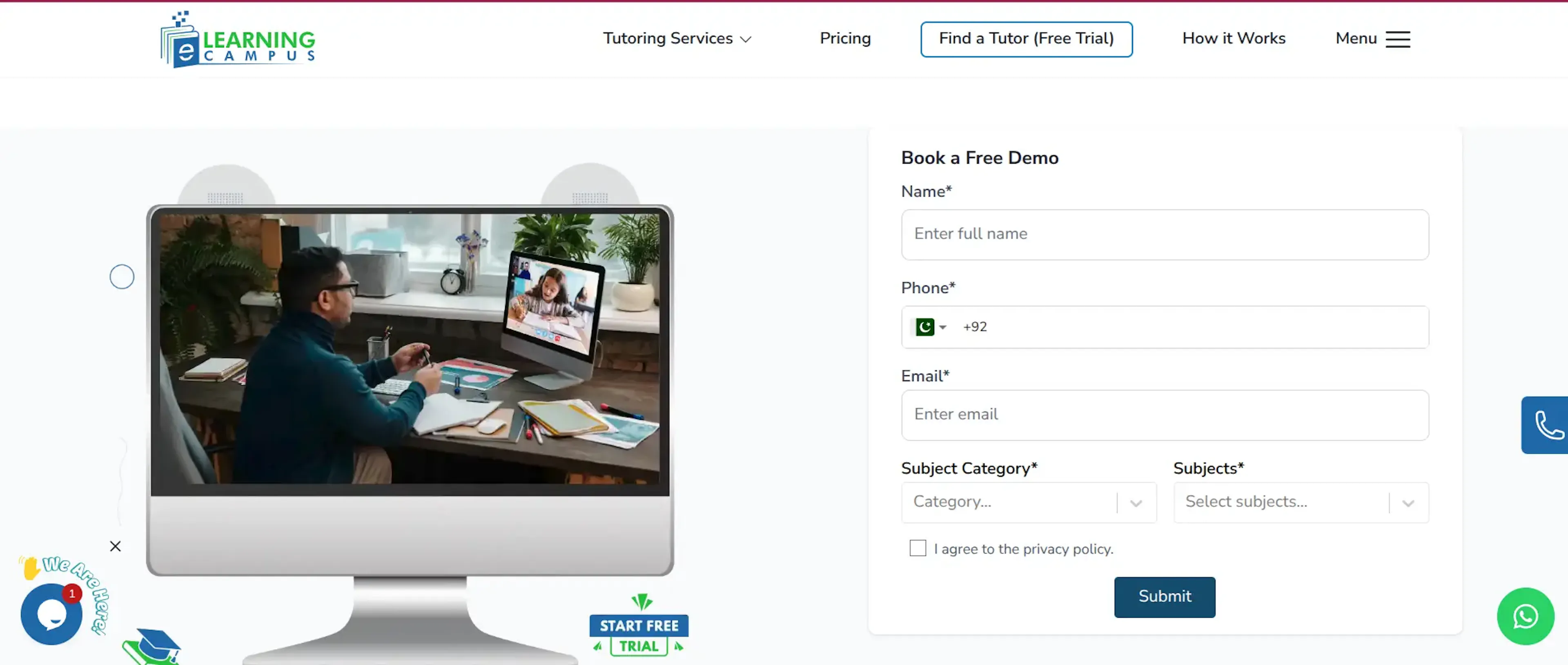 eLearning Campus free trial form for selecting subjects and requesting an online tutoring demo.