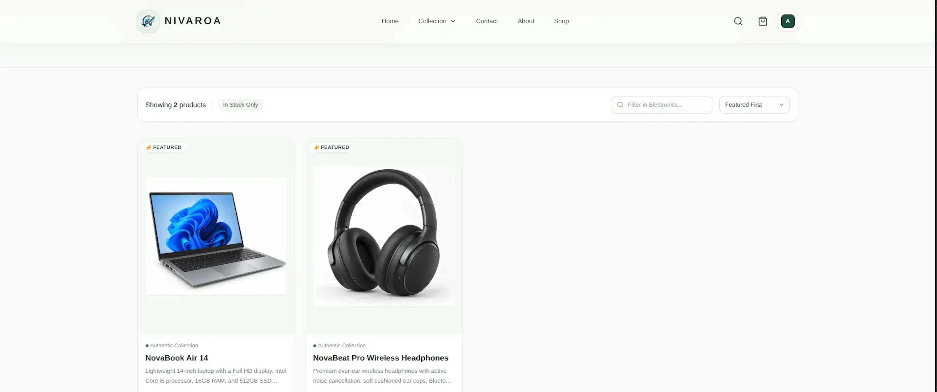 Nivaroa homepage featuring the NovaBook Air 14 with price, stock status, product image, and shopping actions.