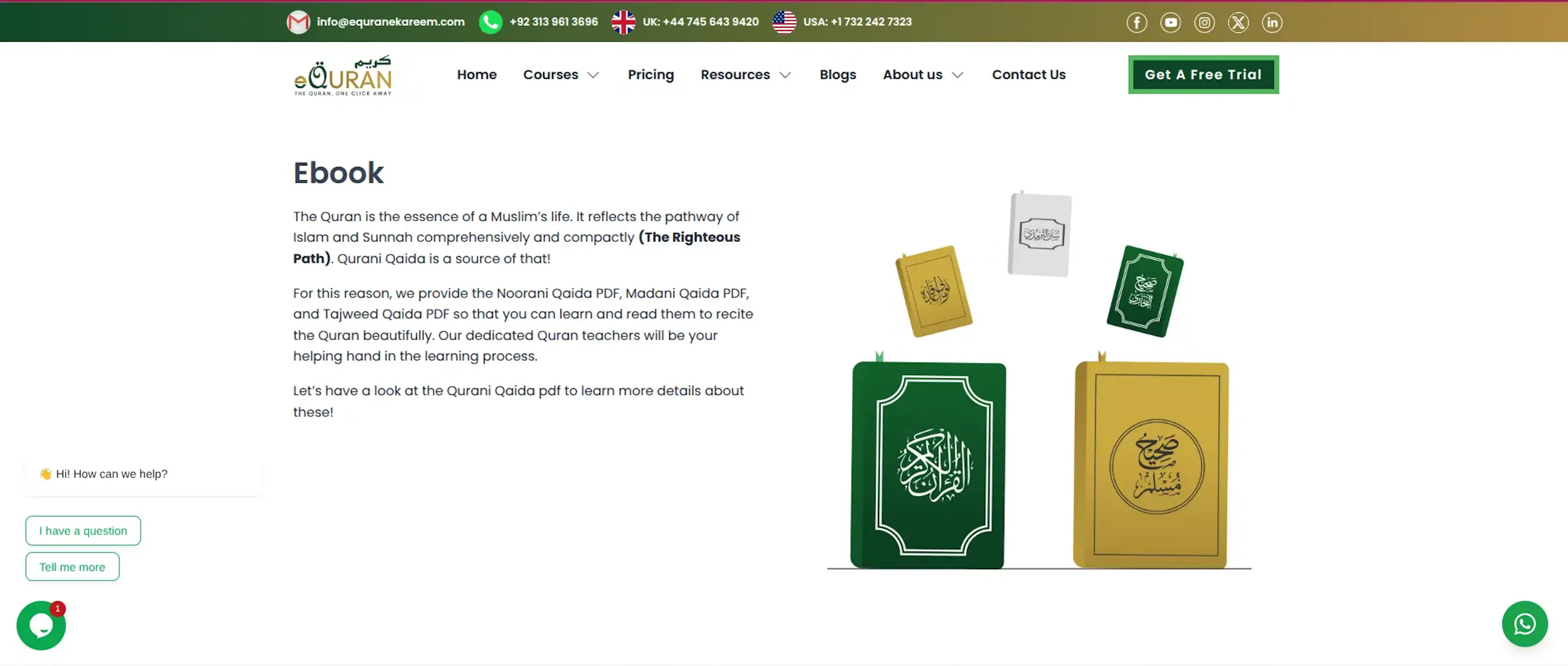 eQuraneKareem ebook page featuring Quran learning resources and Qaida books.