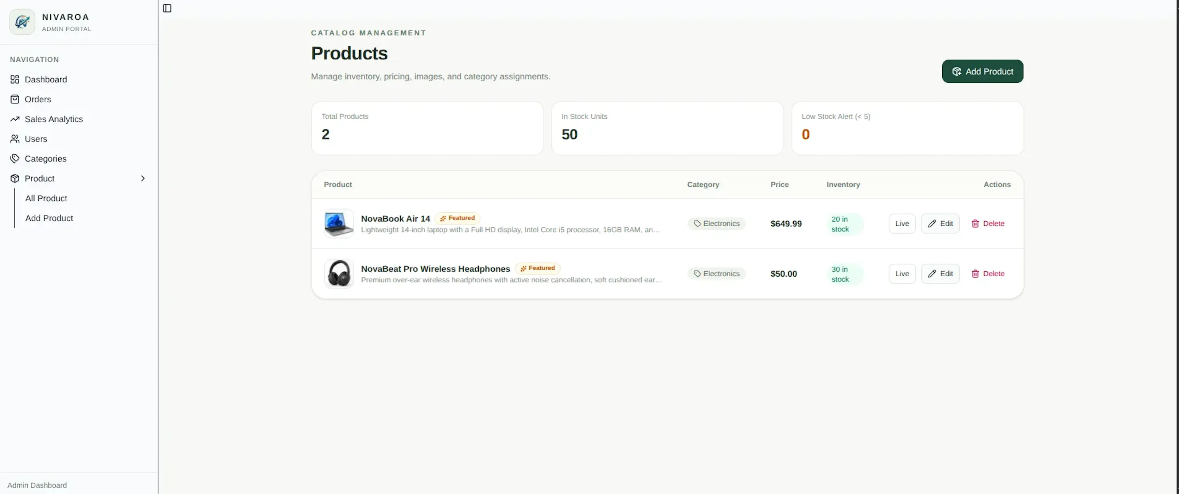 Nivaroa storefront showing featured electronics with product search, stock filtering, and sorting controls.