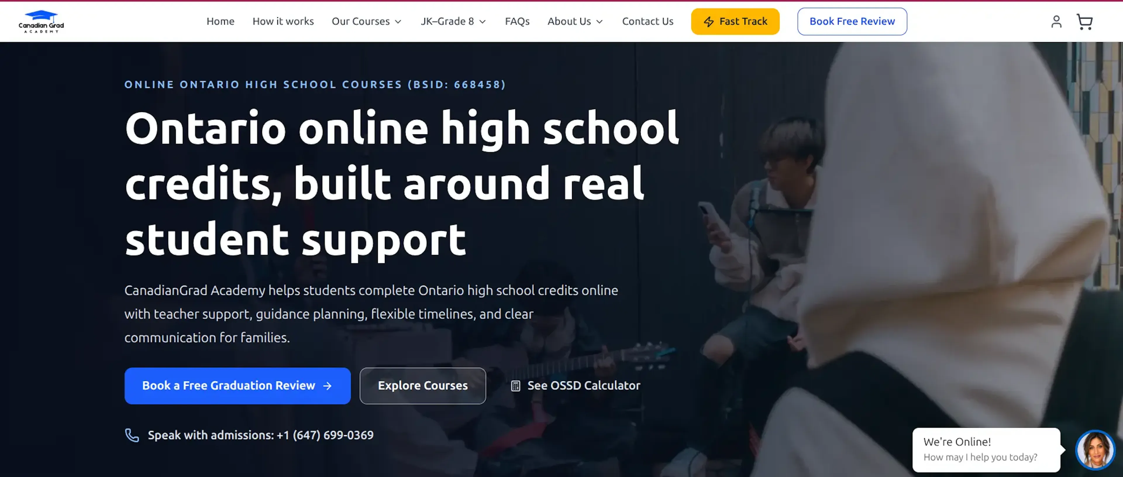 CanadianGrad Academy homepage for Ontario online high school courses and student support.