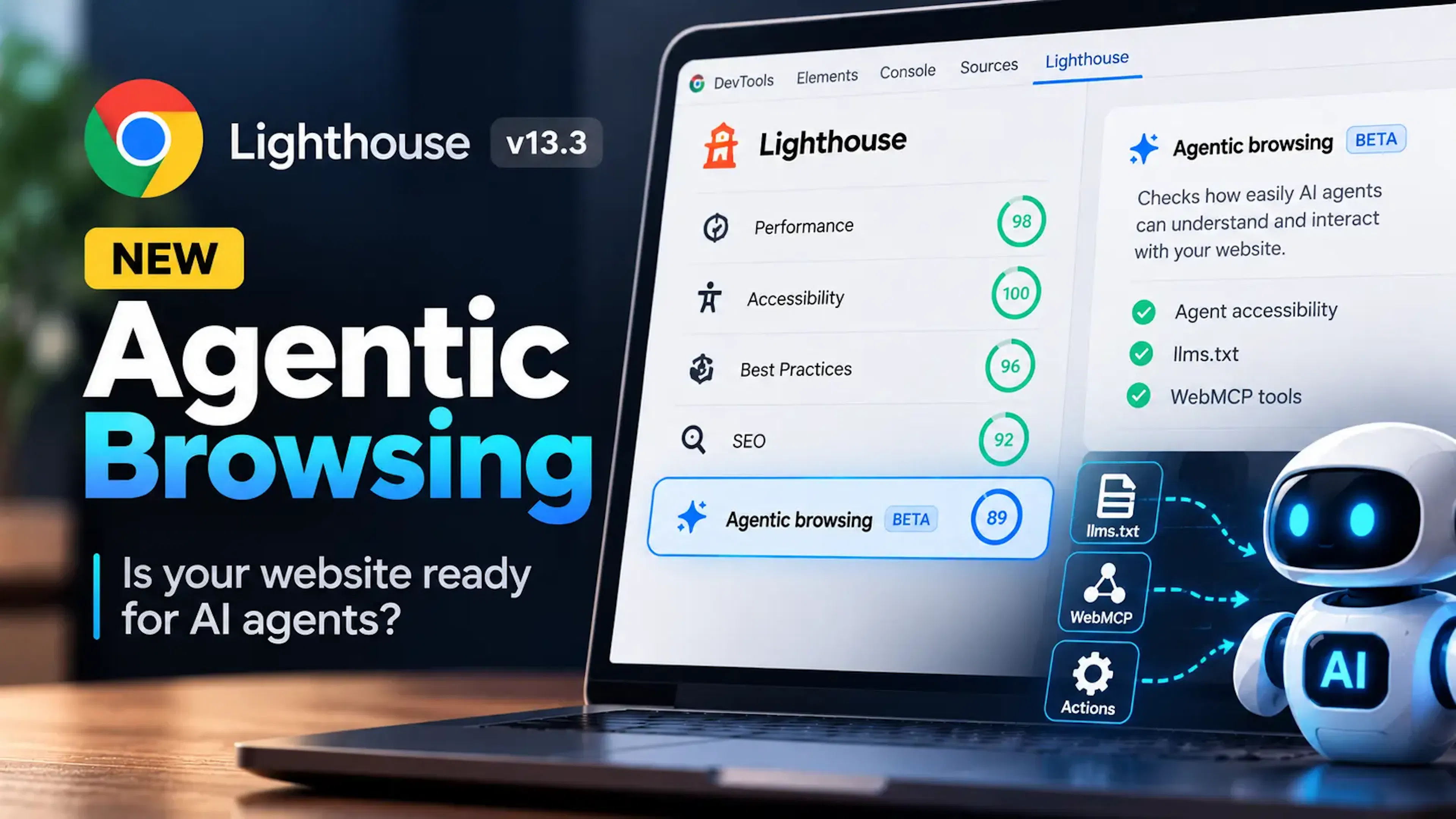 Lighthouse Agentic Browsing audit showing checks for AI-agent accessibility, llms.txt, and WebMCP tools.