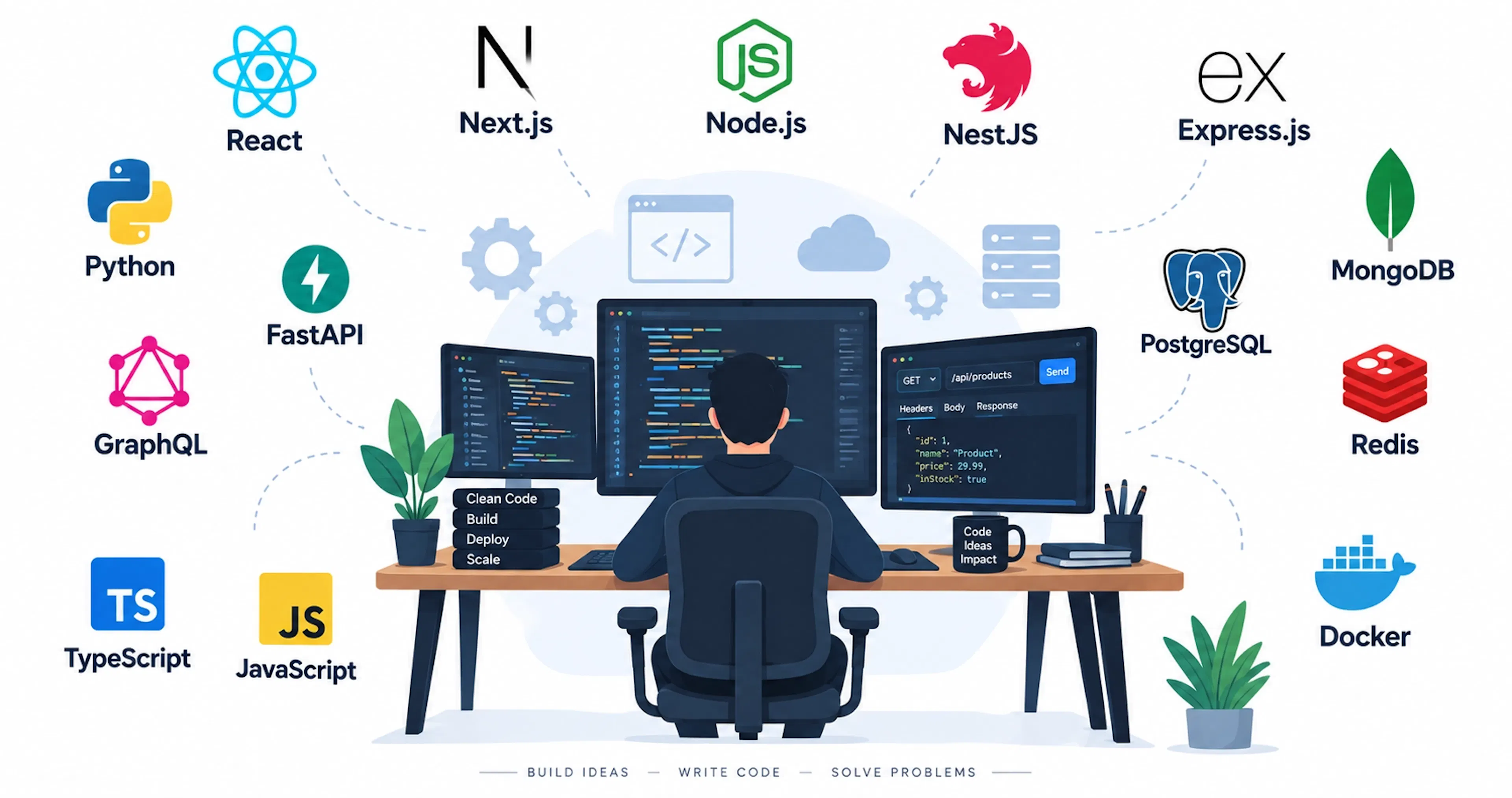 Full-stack development services using React, Next.js, Node.js, NestJS, FastAPI, GraphQL, PostgreSQL, MongoDB and Docker.