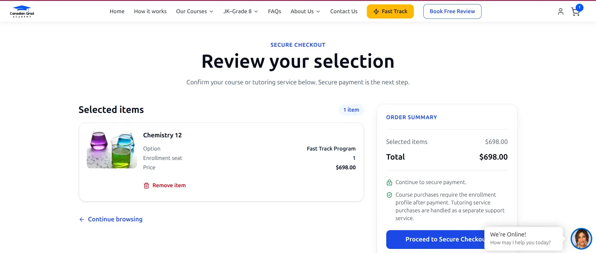 CanadianGrad Academy checkout showing a selected Chemistry 12 course and order summary.