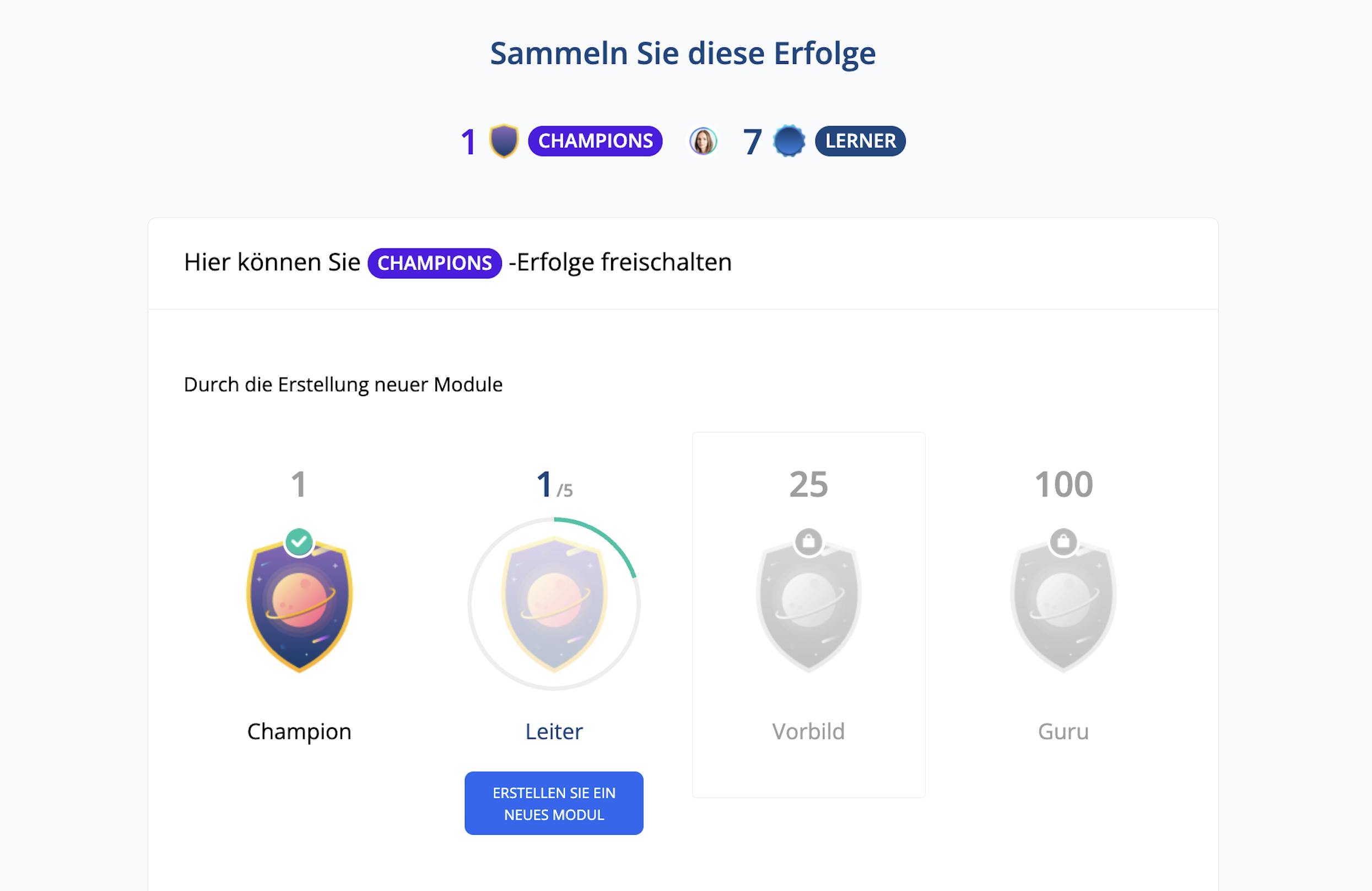 Beispiel: 360Learning verfügt über integrierte Gamification-Elemente, wie z. B. Leistungsabzeichen, um die Lernenden zu motivieren.